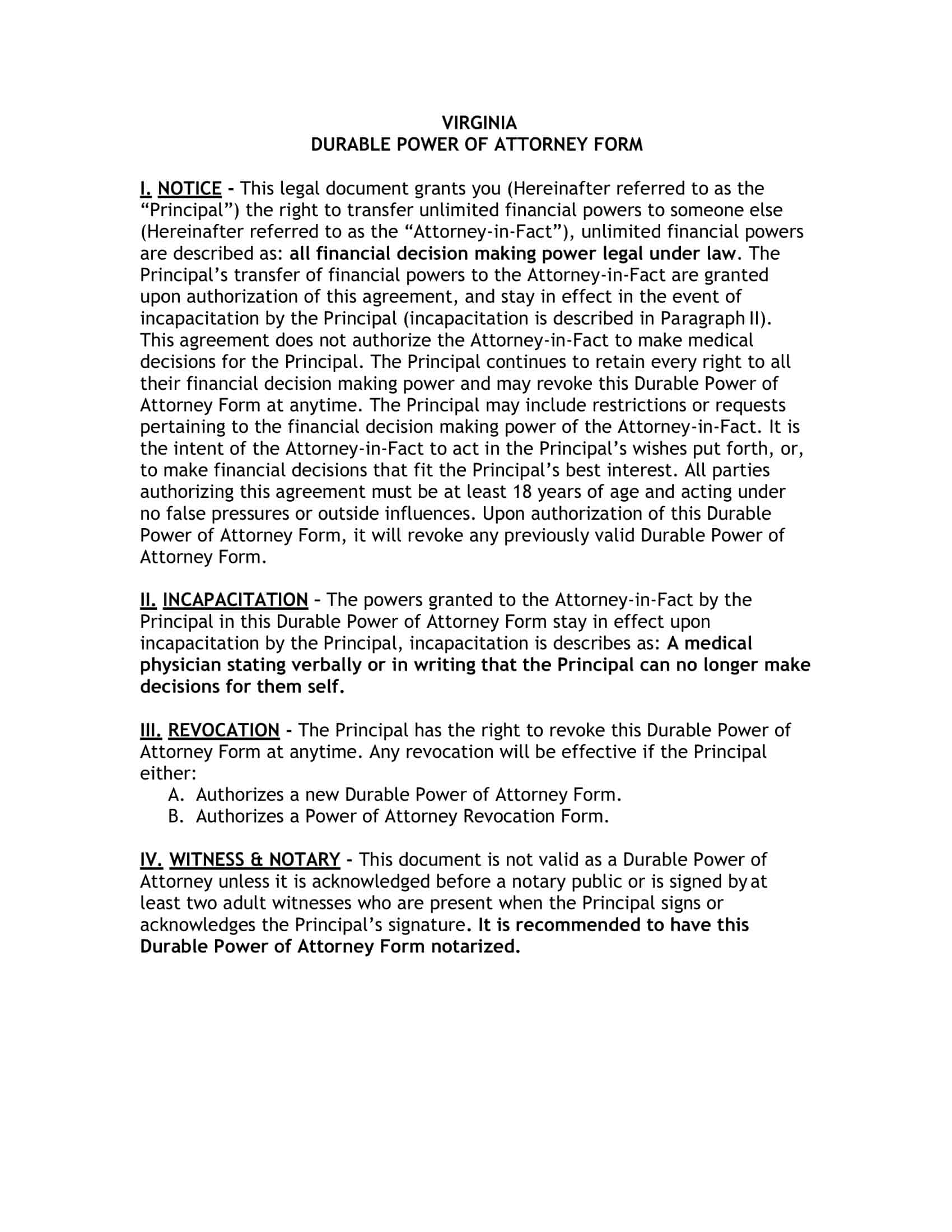 Durable Power of Attorney Printable Template Durable Power of Attorney Printable Template