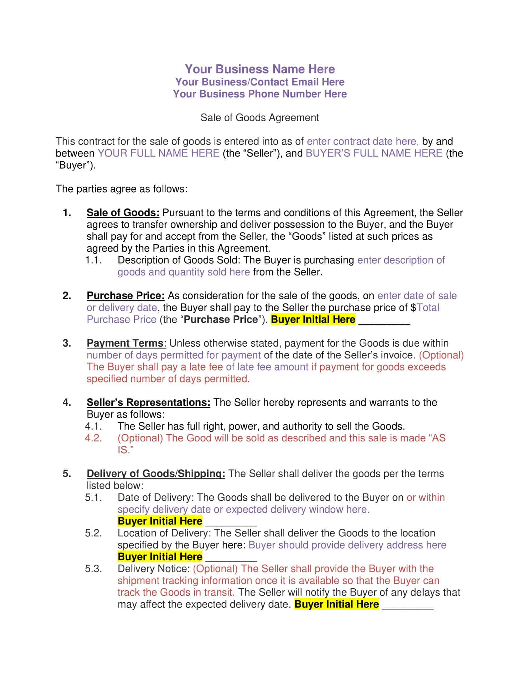 Editable Business Purchase Contract Word Editable Business Purchase Contract Word