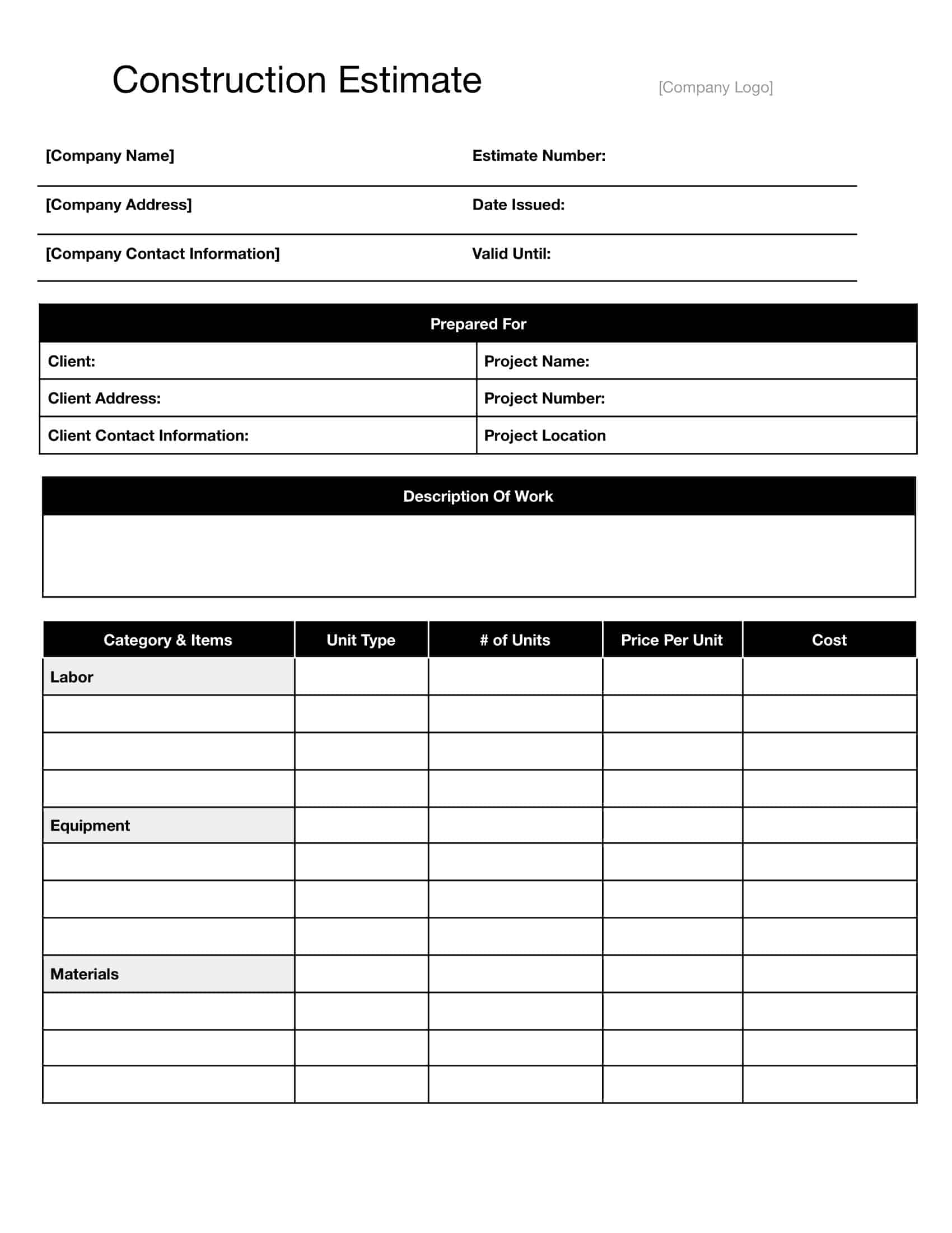 Free printable estimates templates excel word 