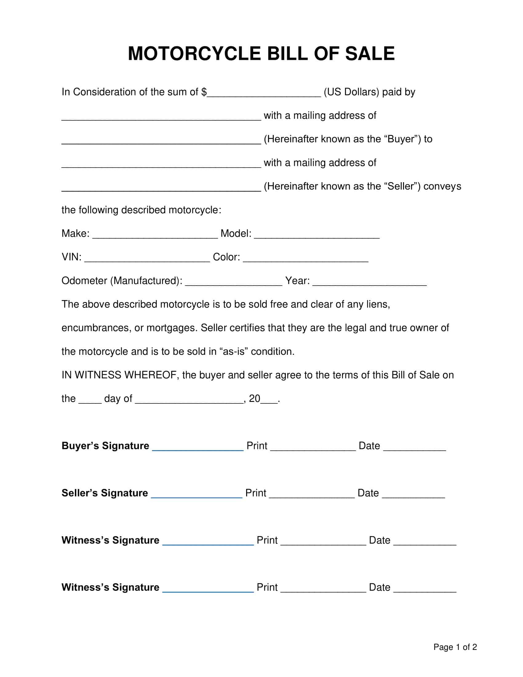 Editable Motorcycle Bill of Sale Template Editable Motorcycle Bill of Sale Template