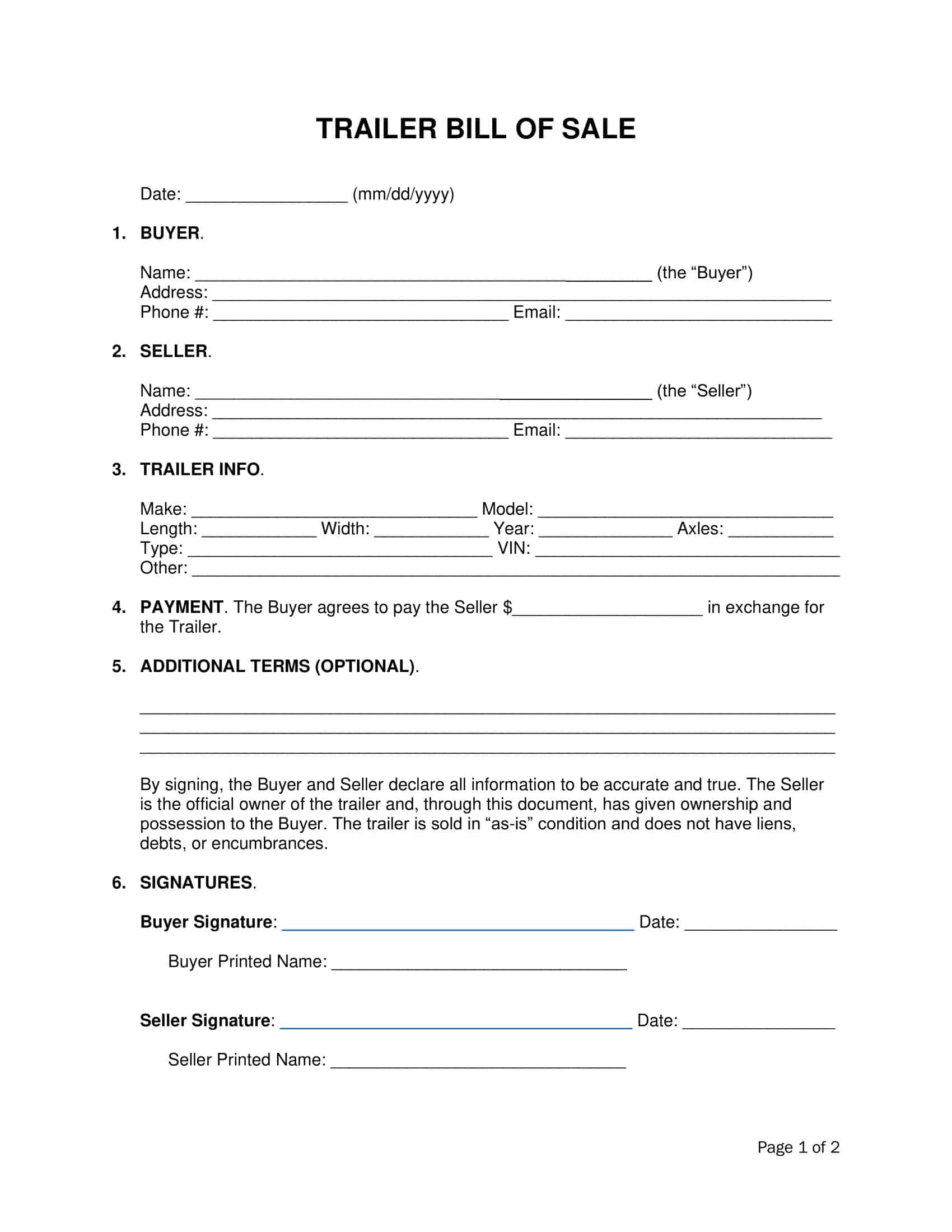 Editable PDF Trailer Bill of Sale Editable PDF Trailer Bill of Sale