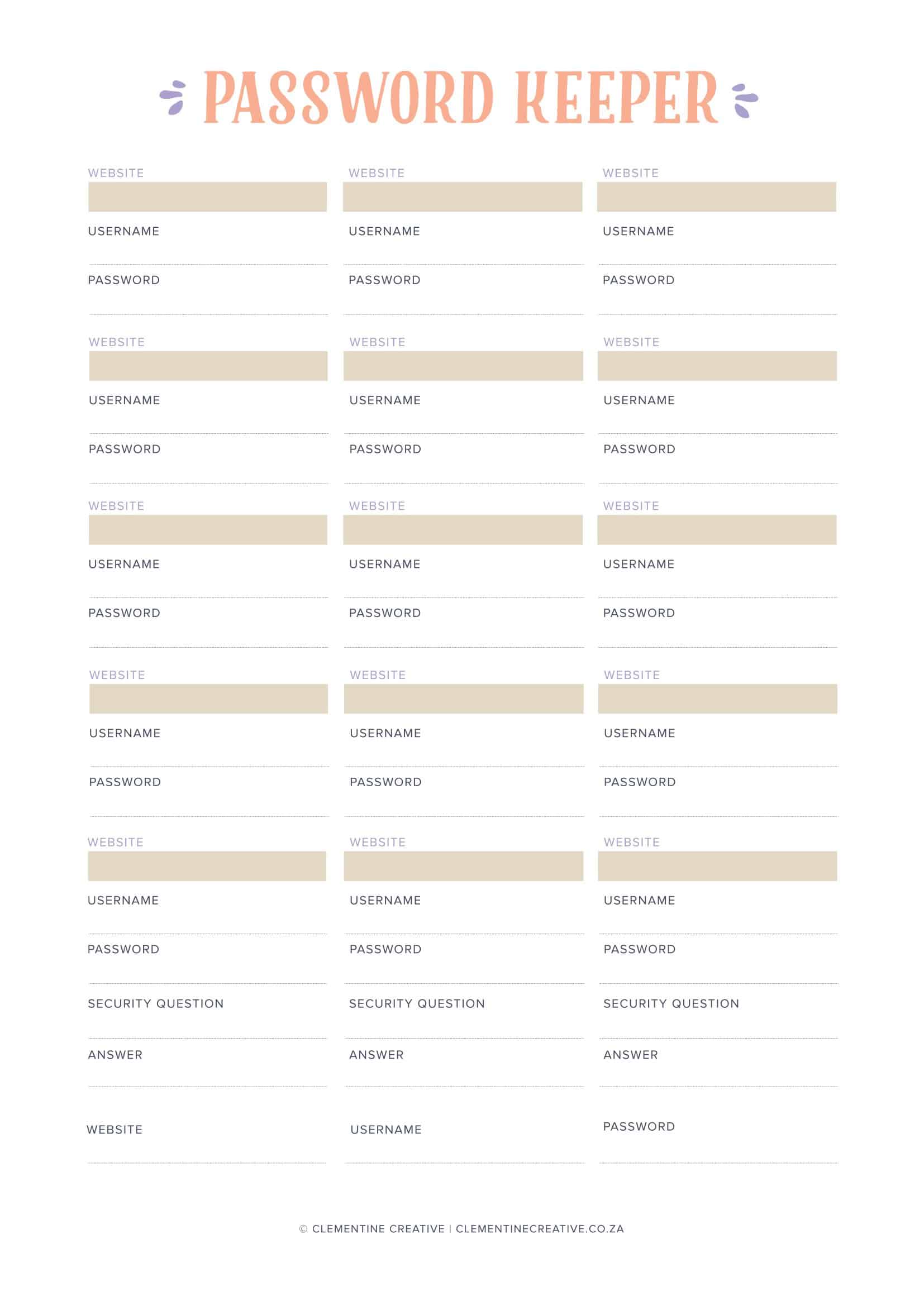 Free Printable Password List Templates [Excel, PDF] Alphabetical