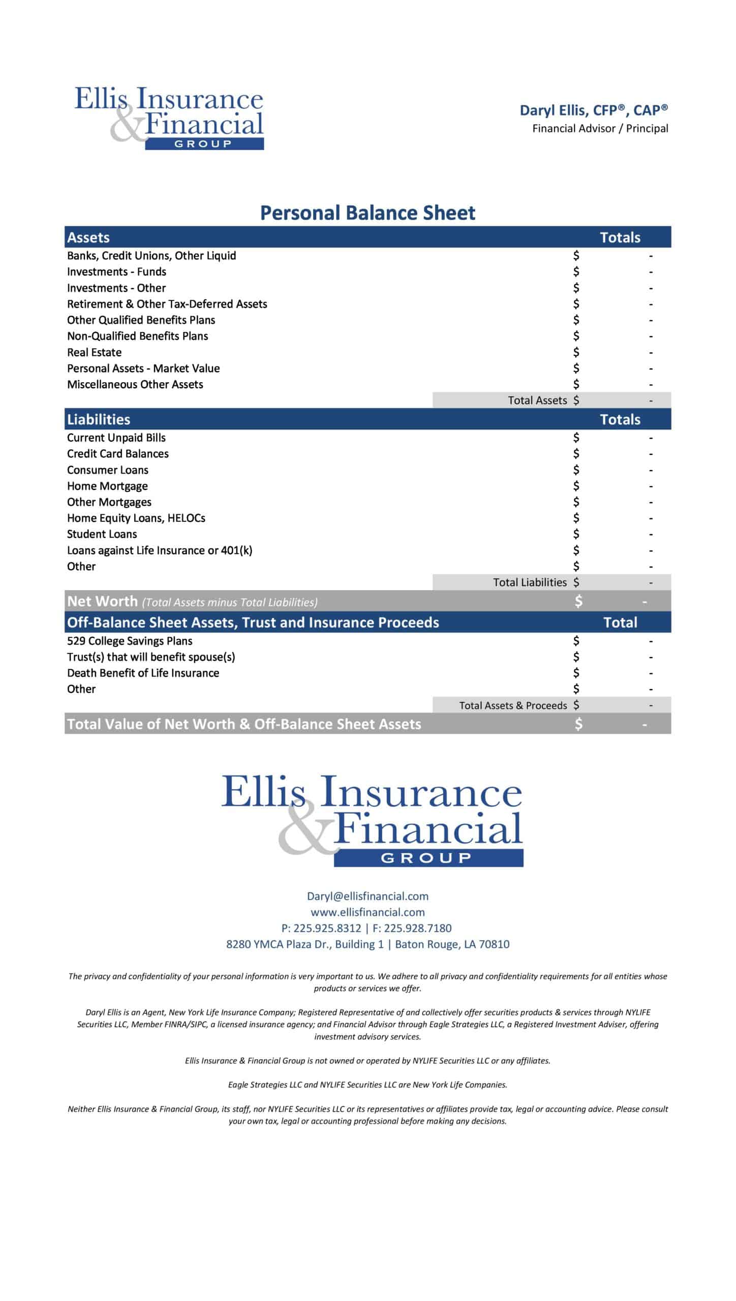 Editable Personal Balance Sheet Editable Personal Balance Sheet