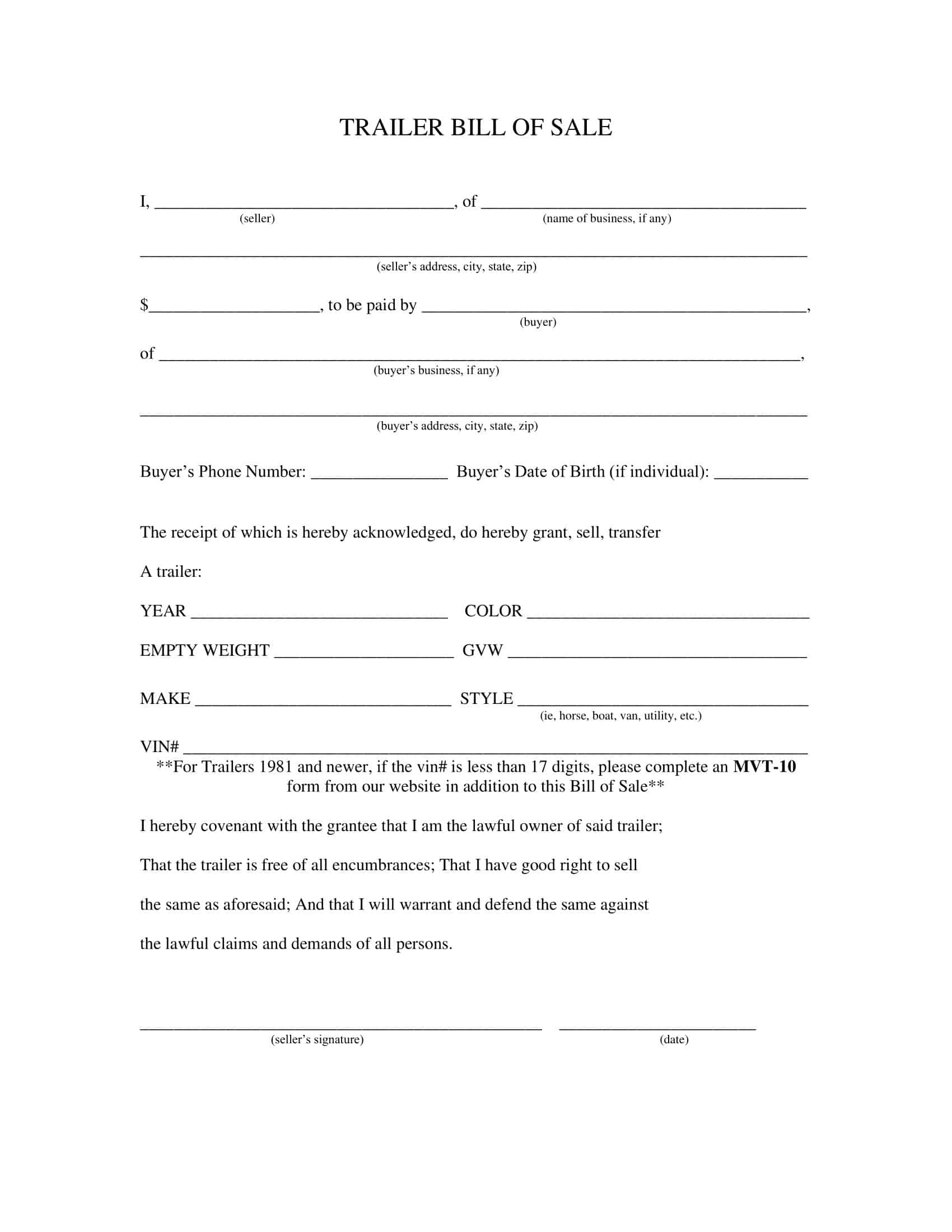 Editable Word Document Trailer Bill of Sale Editable Word Document Trailer Bill of Sale