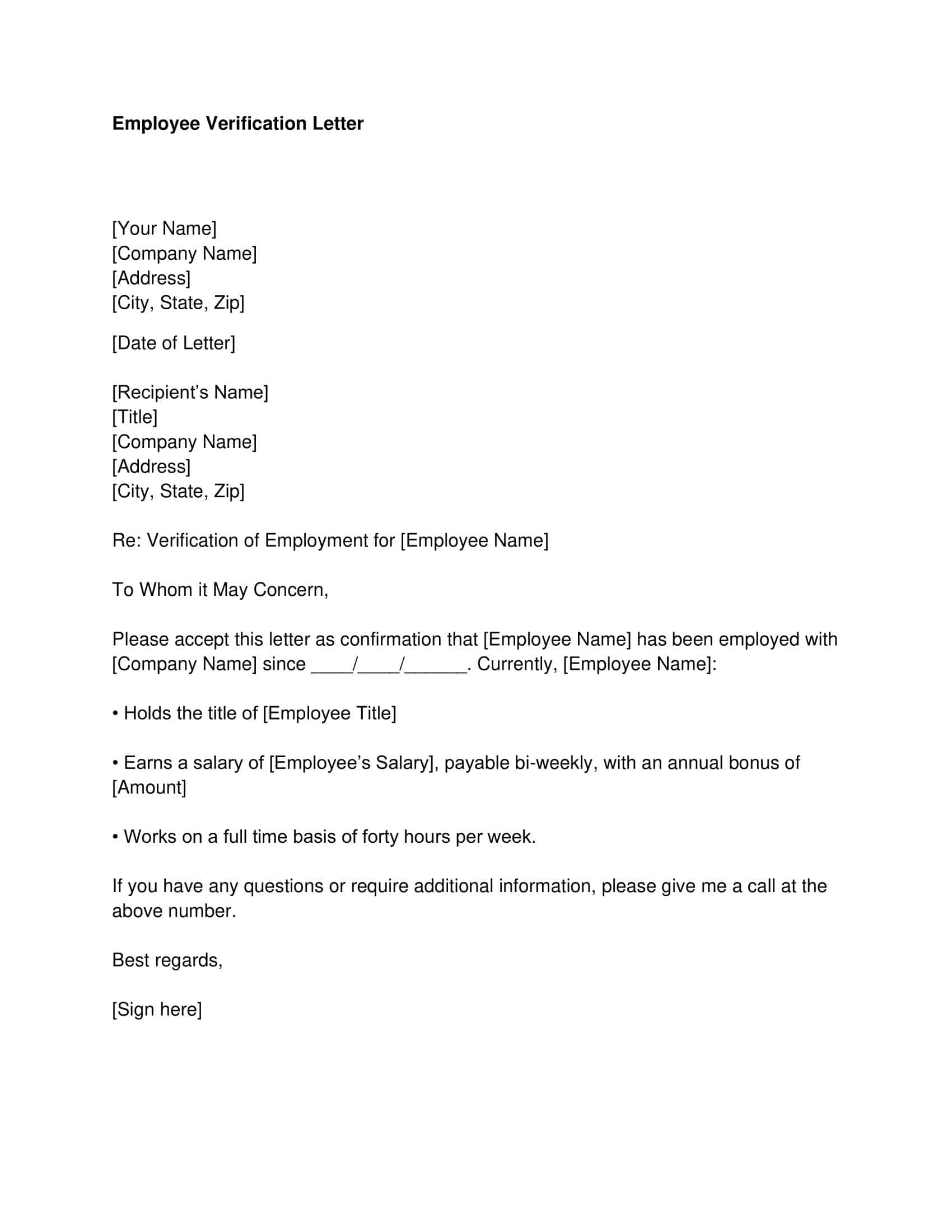 Example Proof of Employment Letter Example Proof of Employment Letter