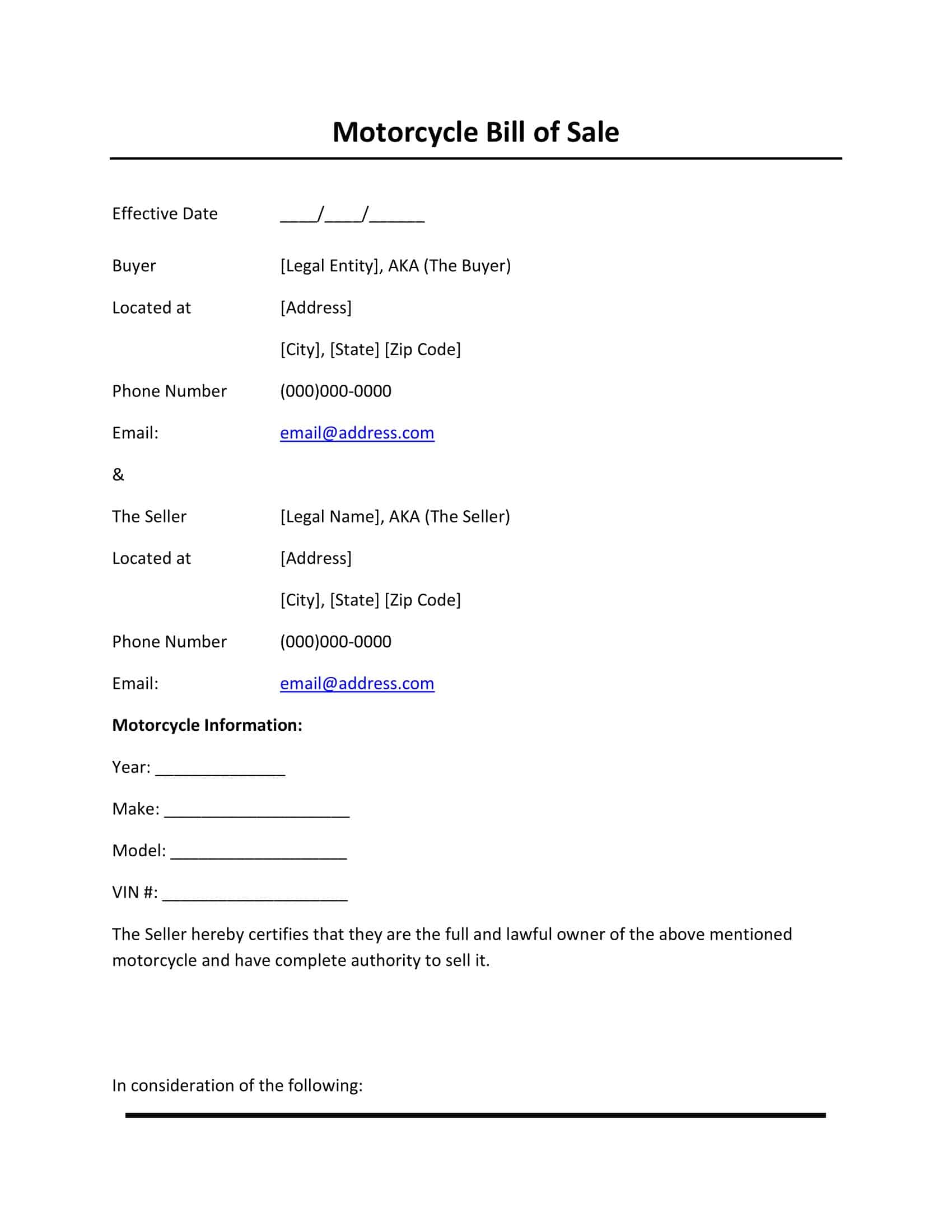 Free Printable Motorcycle Bill Of Sale Templates PDF Word Free Printable Motorcycle Bill Of Sale Templates PDF Word
