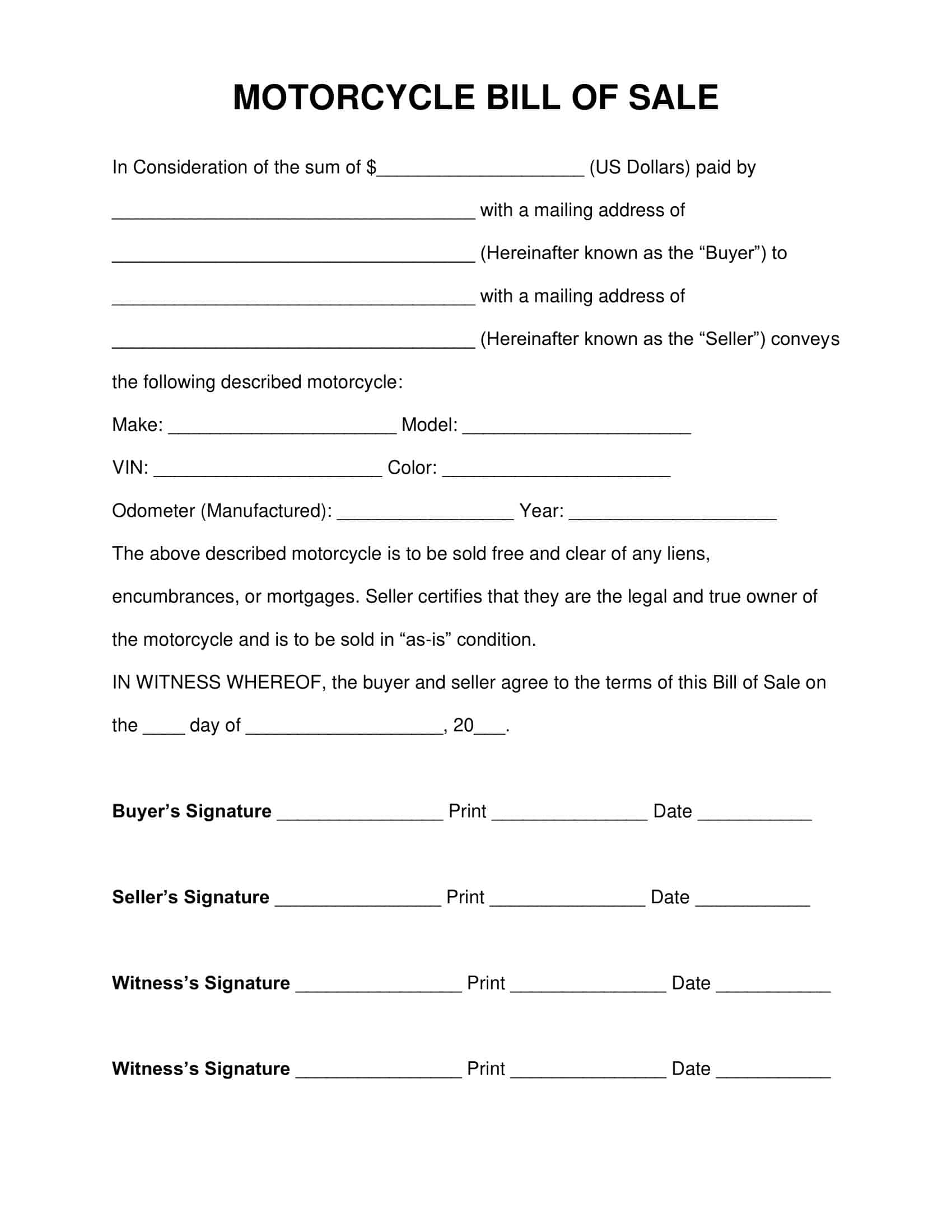 Fillable Example Motorcycle Bill of Sale Template Fillable Example Motorcycle Bill of Sale Template