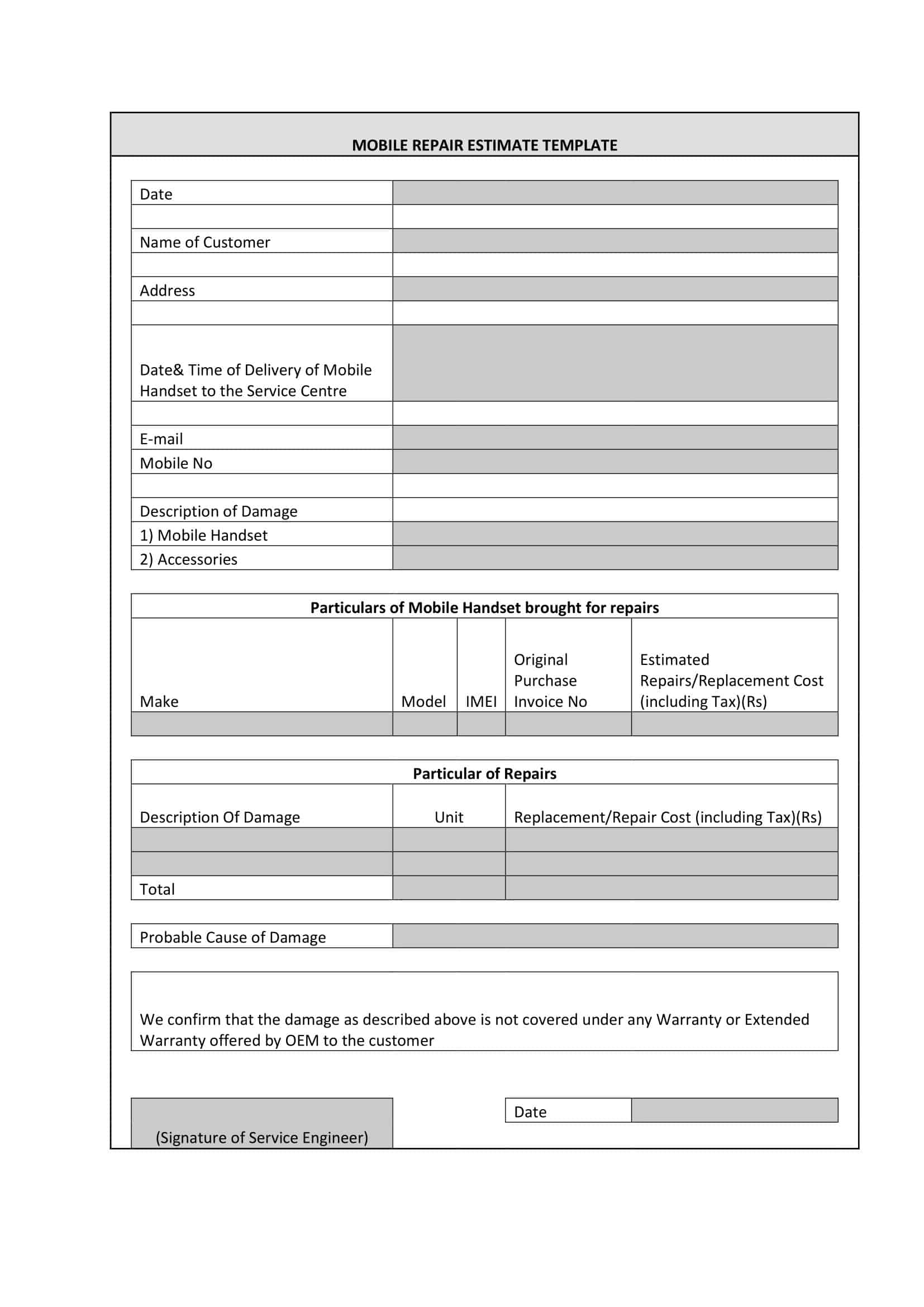 Fillable Free Estimate Template Fillable Free Estimate Template