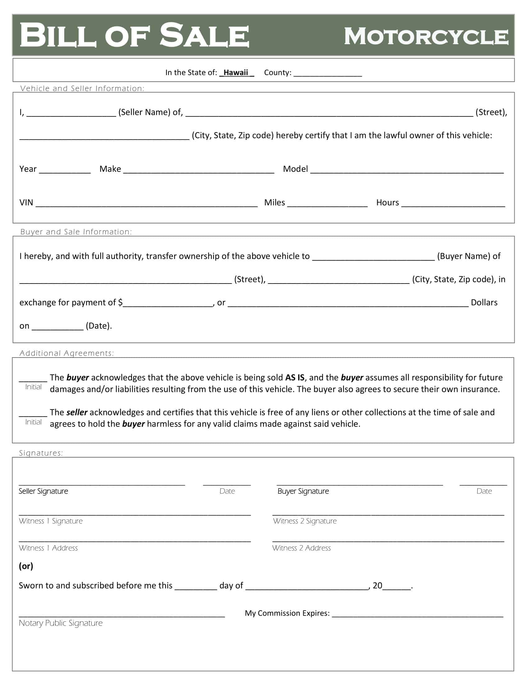 Fillable Motorcycle Bill of Sale Example Fillable Motorcycle Bill of Sale Example