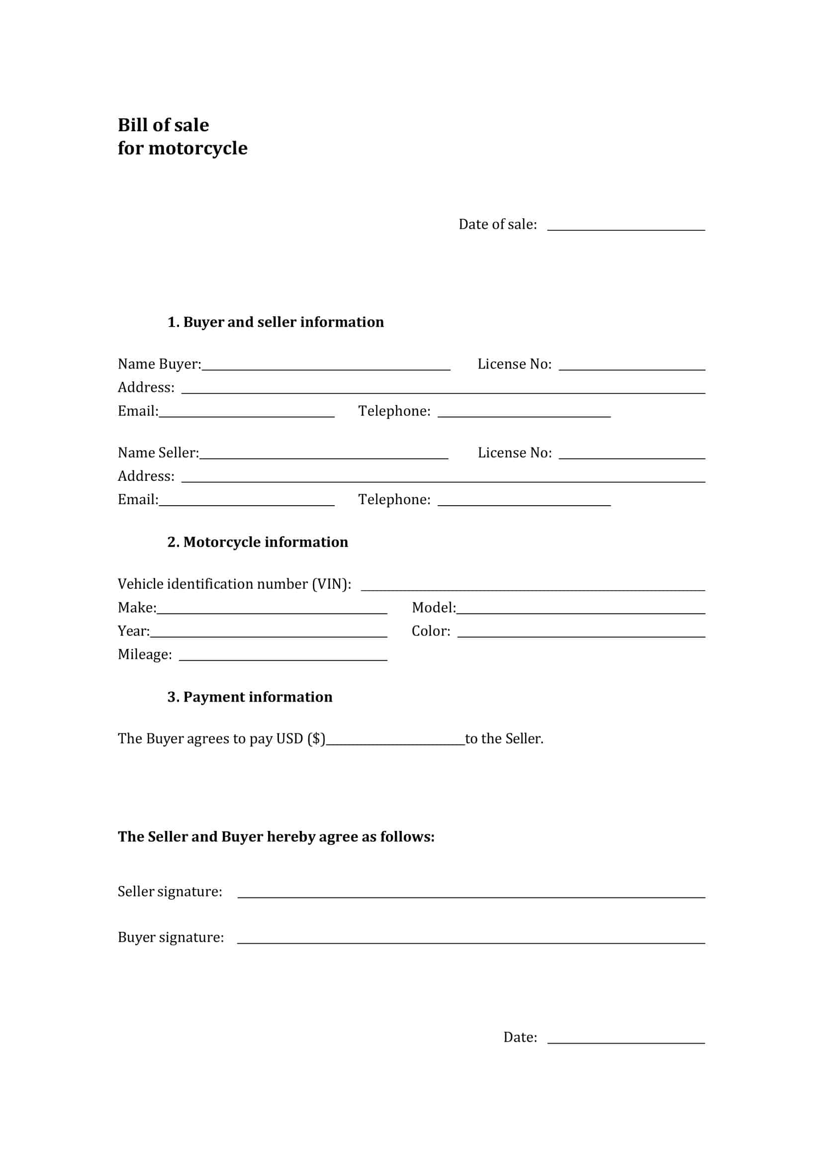 Fillable Motorcycle Bill of Sale Sample Fillable Motorcycle Bill of Sale Sample