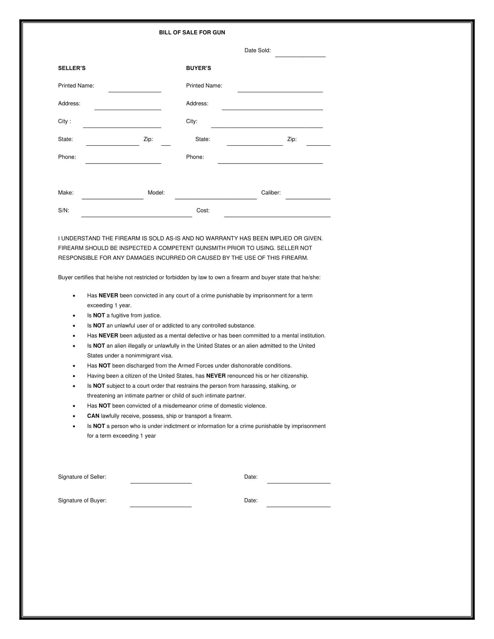 Fillable Word Firearm Bill of Sale Template Fillable Word Firearm Bill of Sale Template