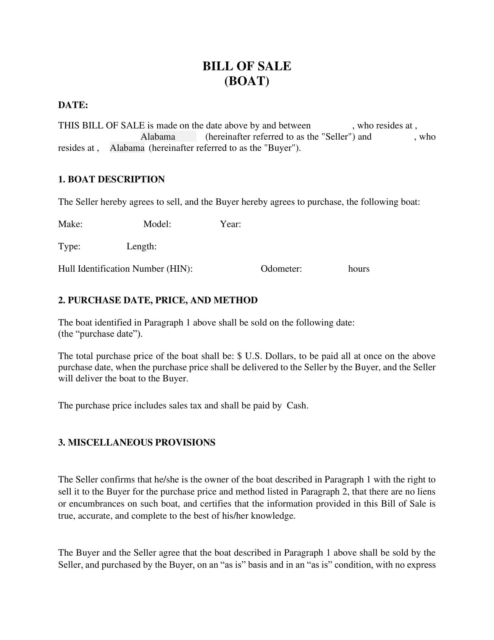 Free Blank Boat Bill of Sale Free Blank Boat Bill of Sale