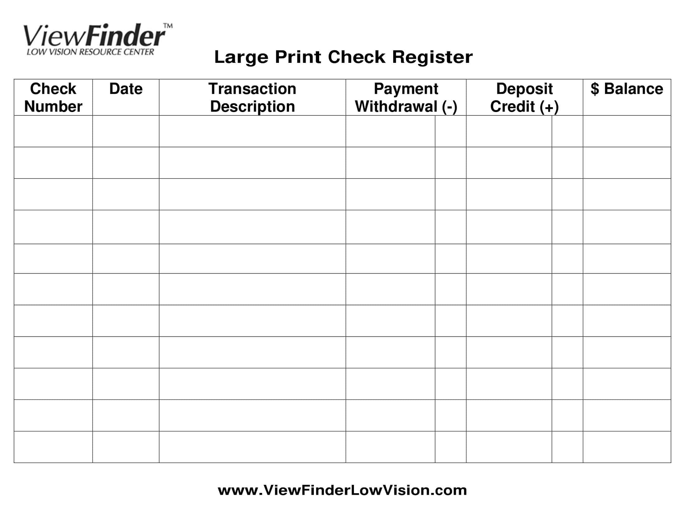 Printable Check Transaction Register