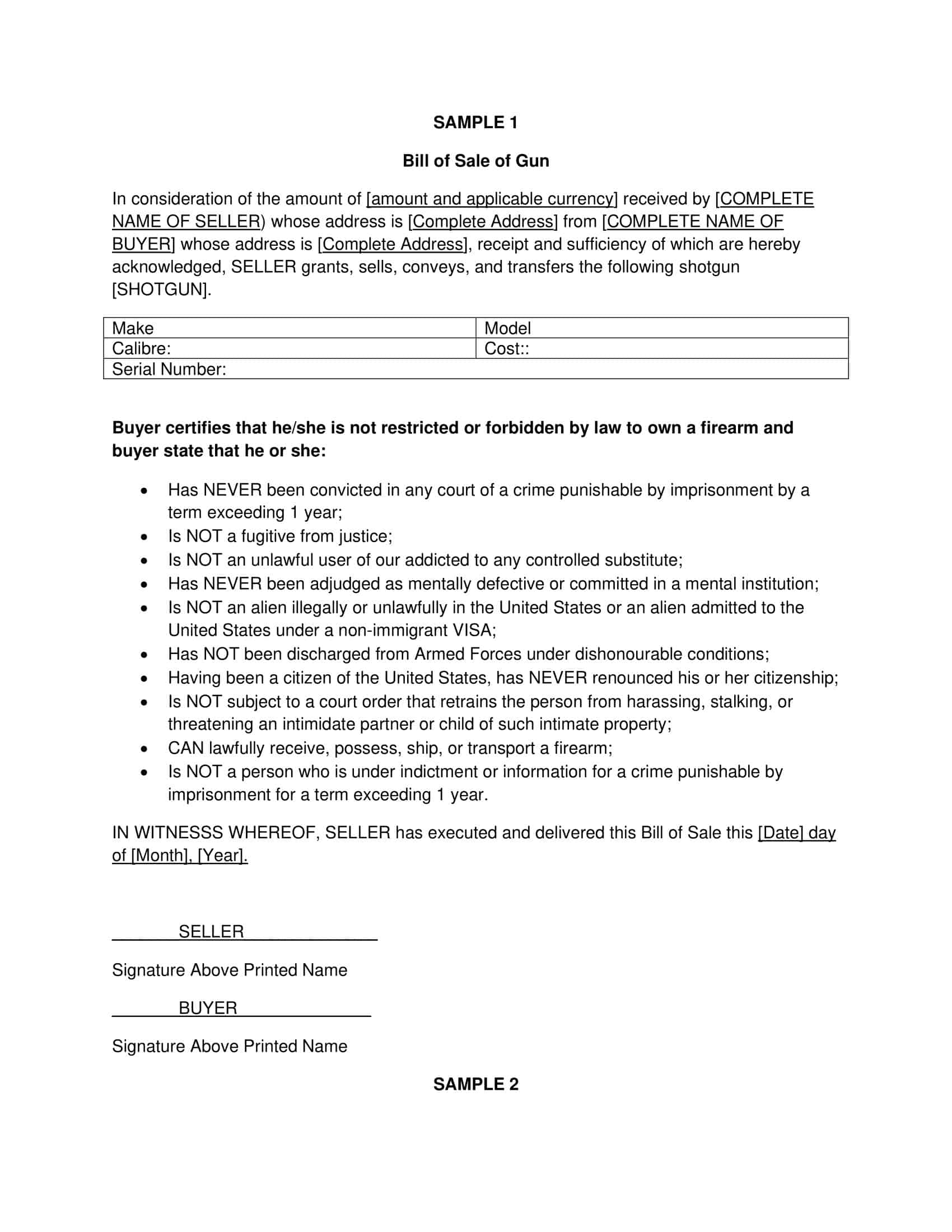 Free Firearm Bill of Sale Sample Free Firearm Bill of Sale Sample