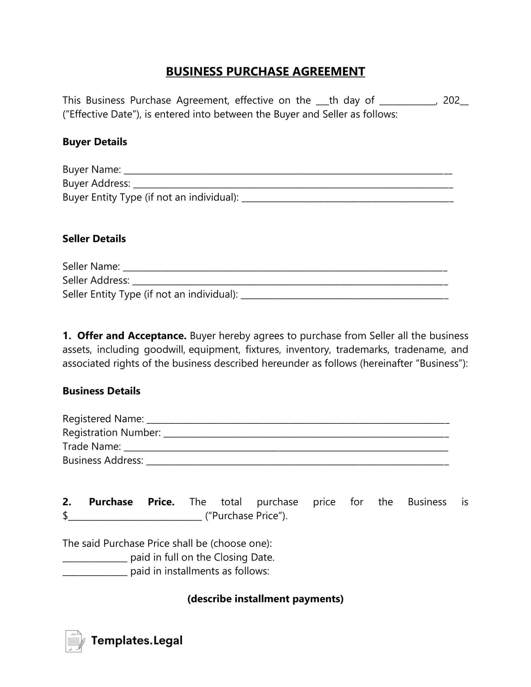 Free Word Business Purchase Agreement Free Word Business Purchase Agreement