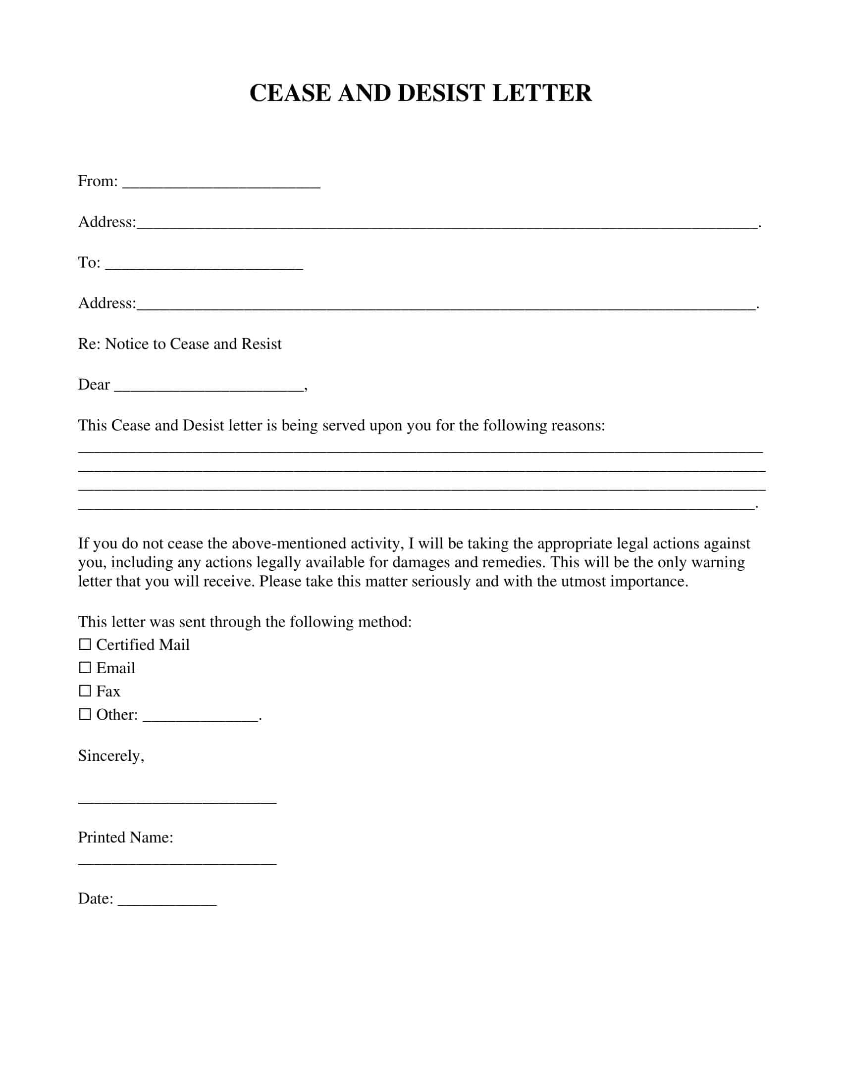 Free to Print Cease and Desist Defamation Letter Free to Print Cease and Desist Defamation Letter