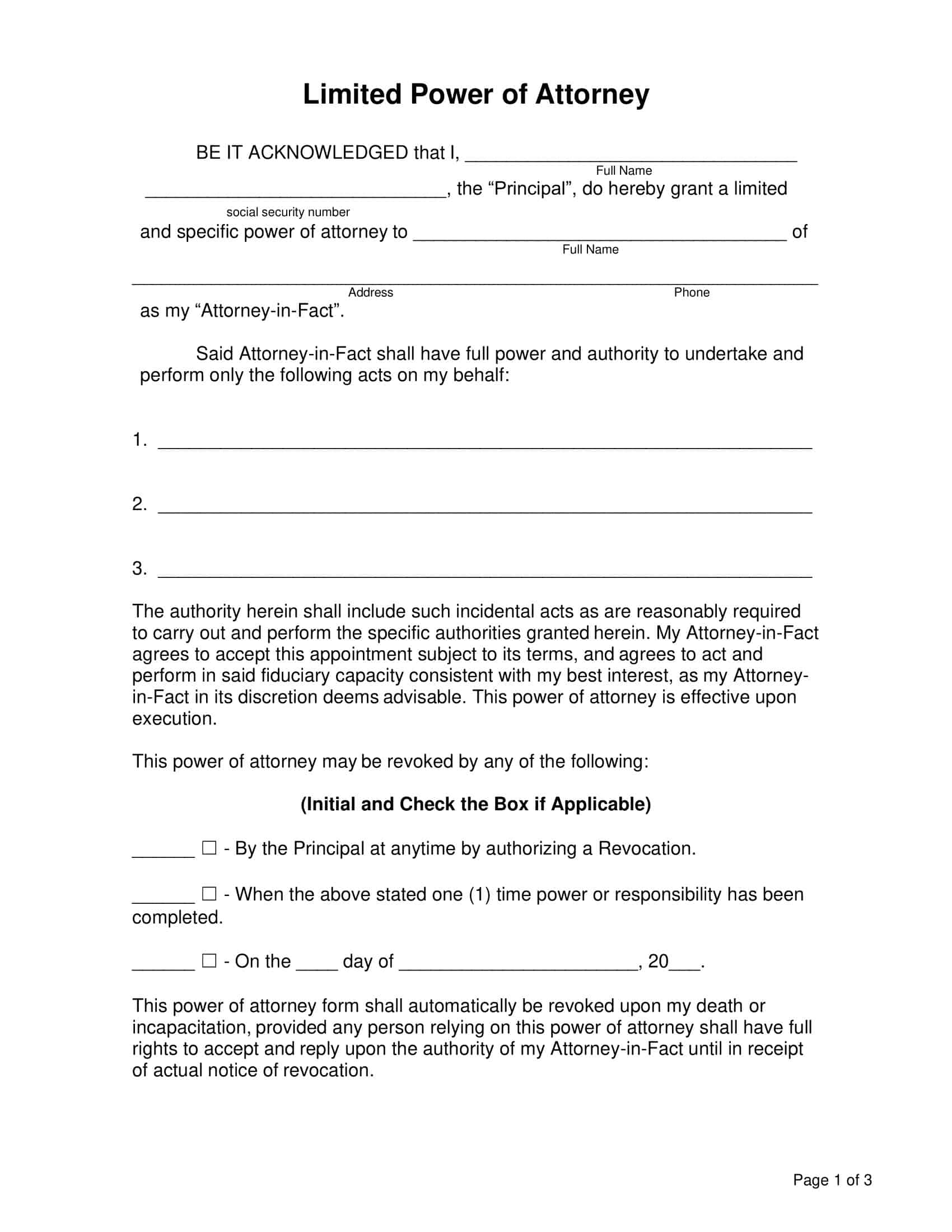 Limited Power of Attorney Fillable Form Limited Power of Attorney Fillable Form