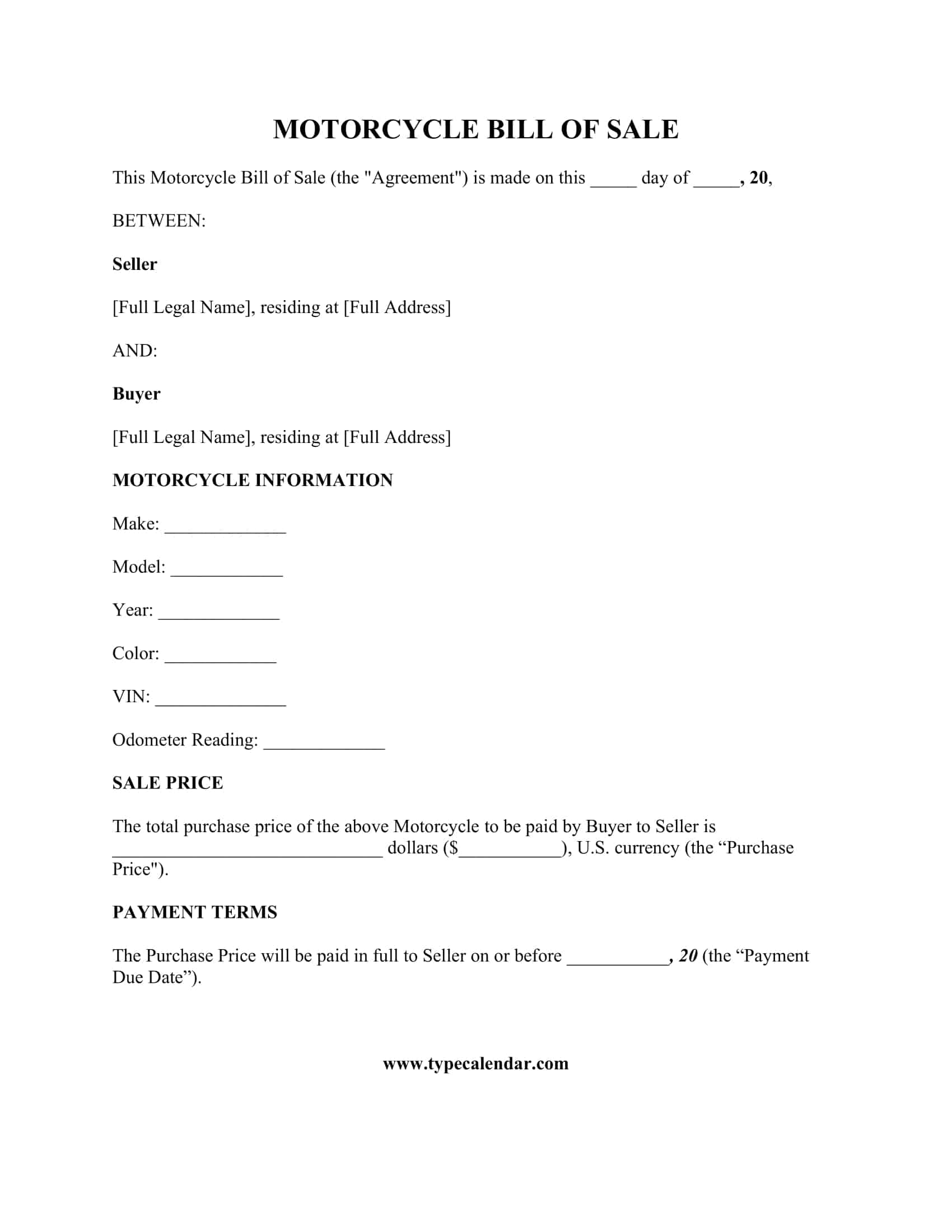 MOTORCYCLE BILL OF SALE MOTORCYCLE BILL OF SALE