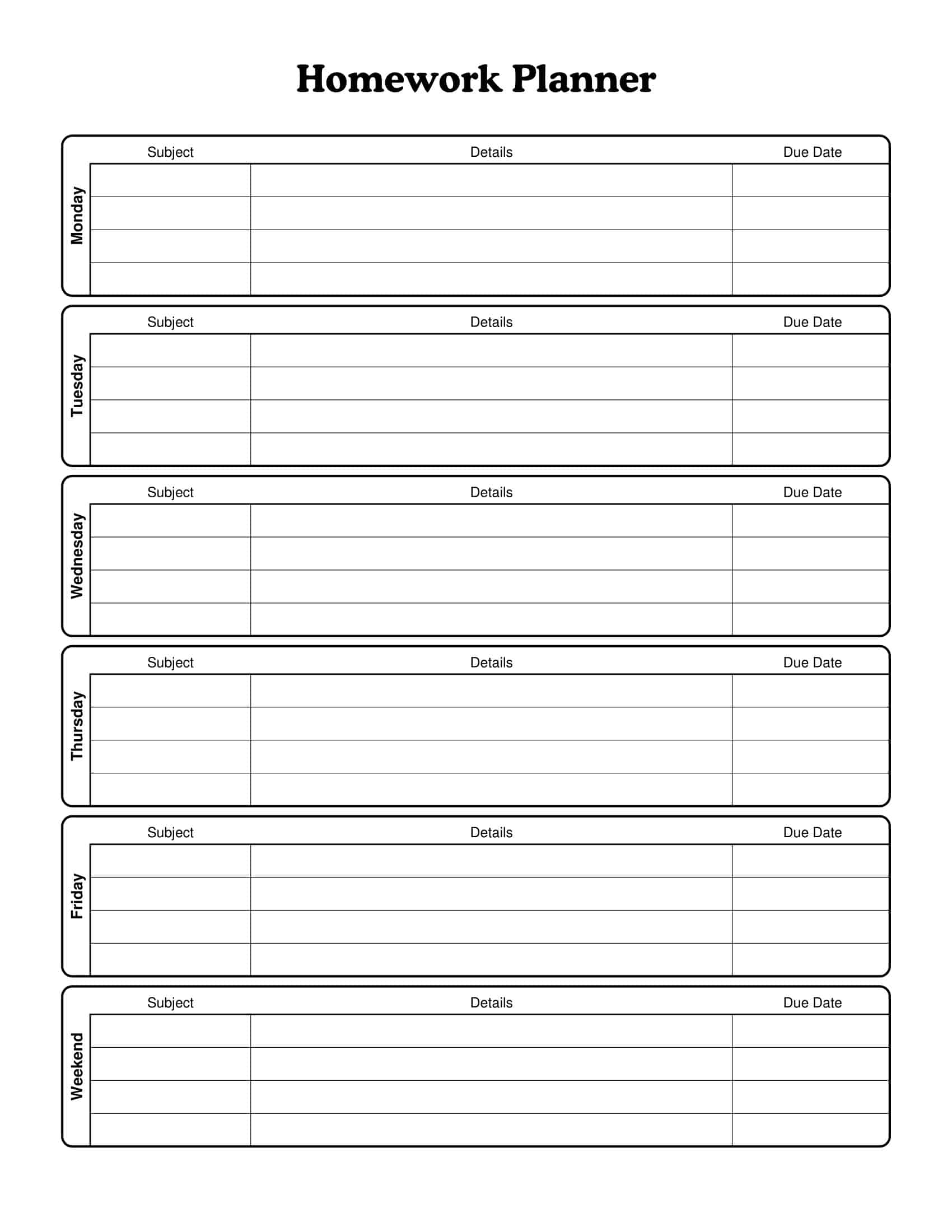 Free printable homework planner templates excel pdf word cute