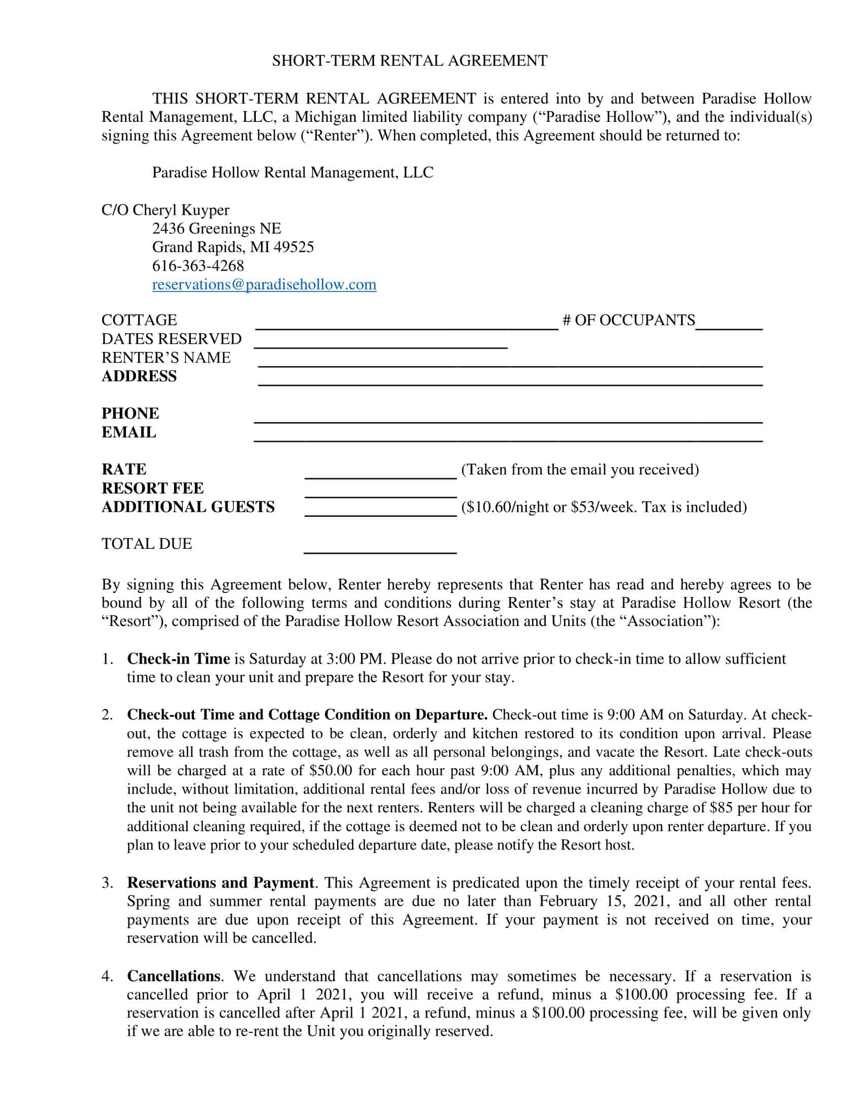 Printable PDF Short Term Rental Agreement Printable PDF Short Term Rental Agreement