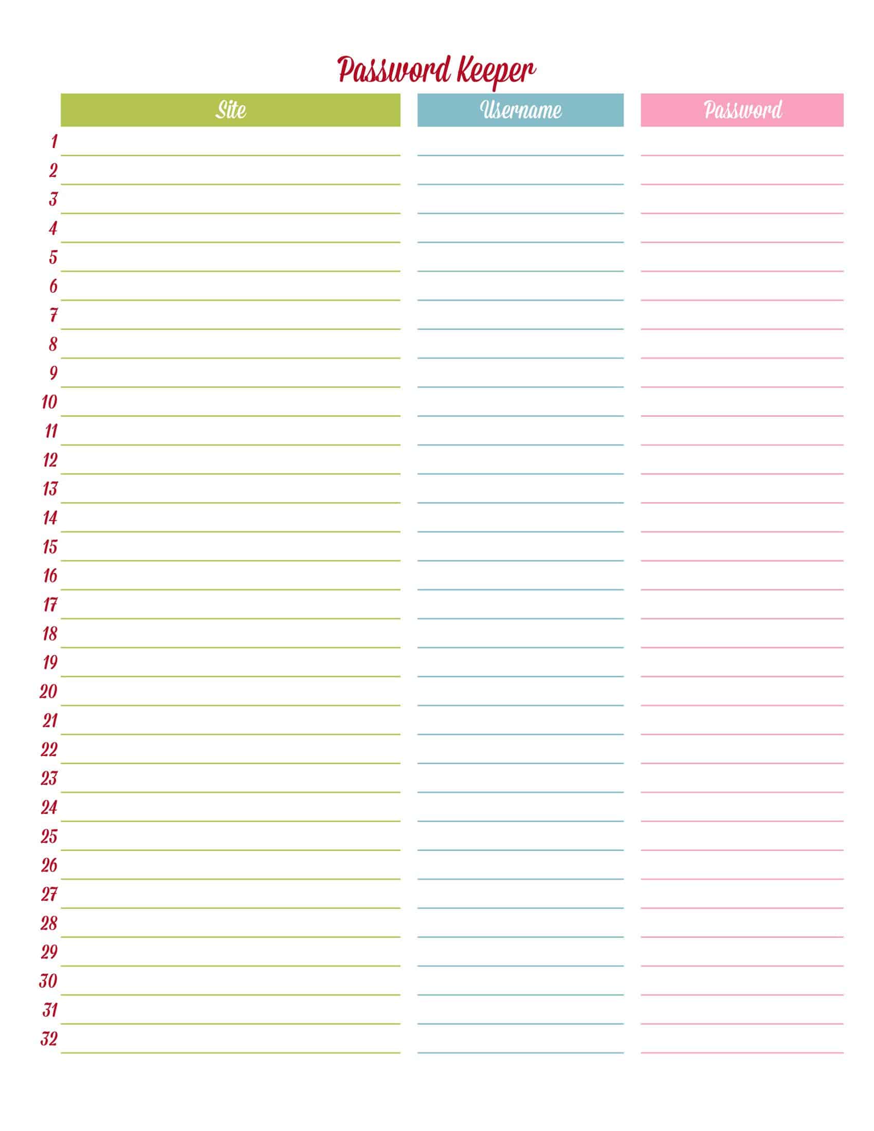 Printable Password Log Printable Password Log