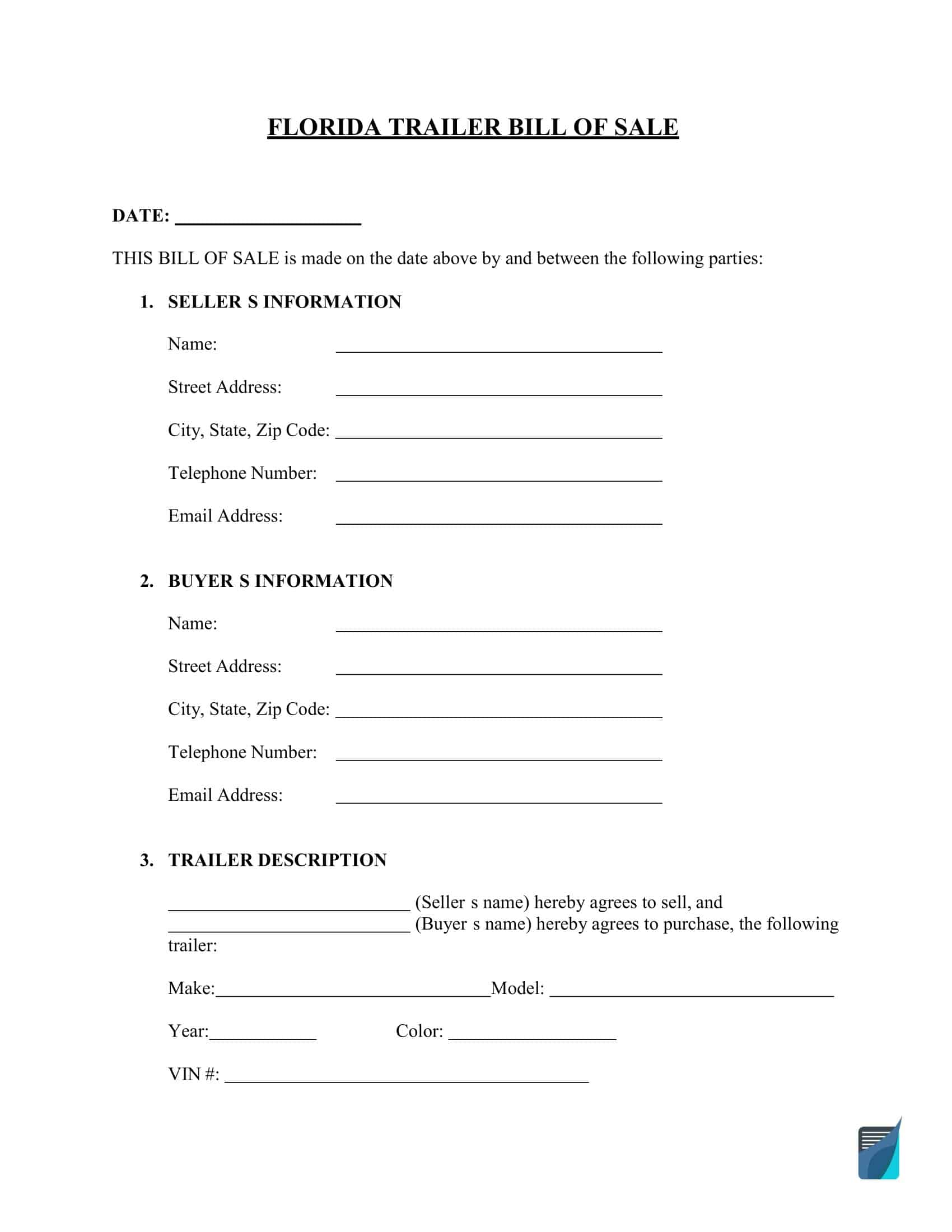 Printable Trailer Bill of Sale Template Printable Trailer Bill of Sale Template