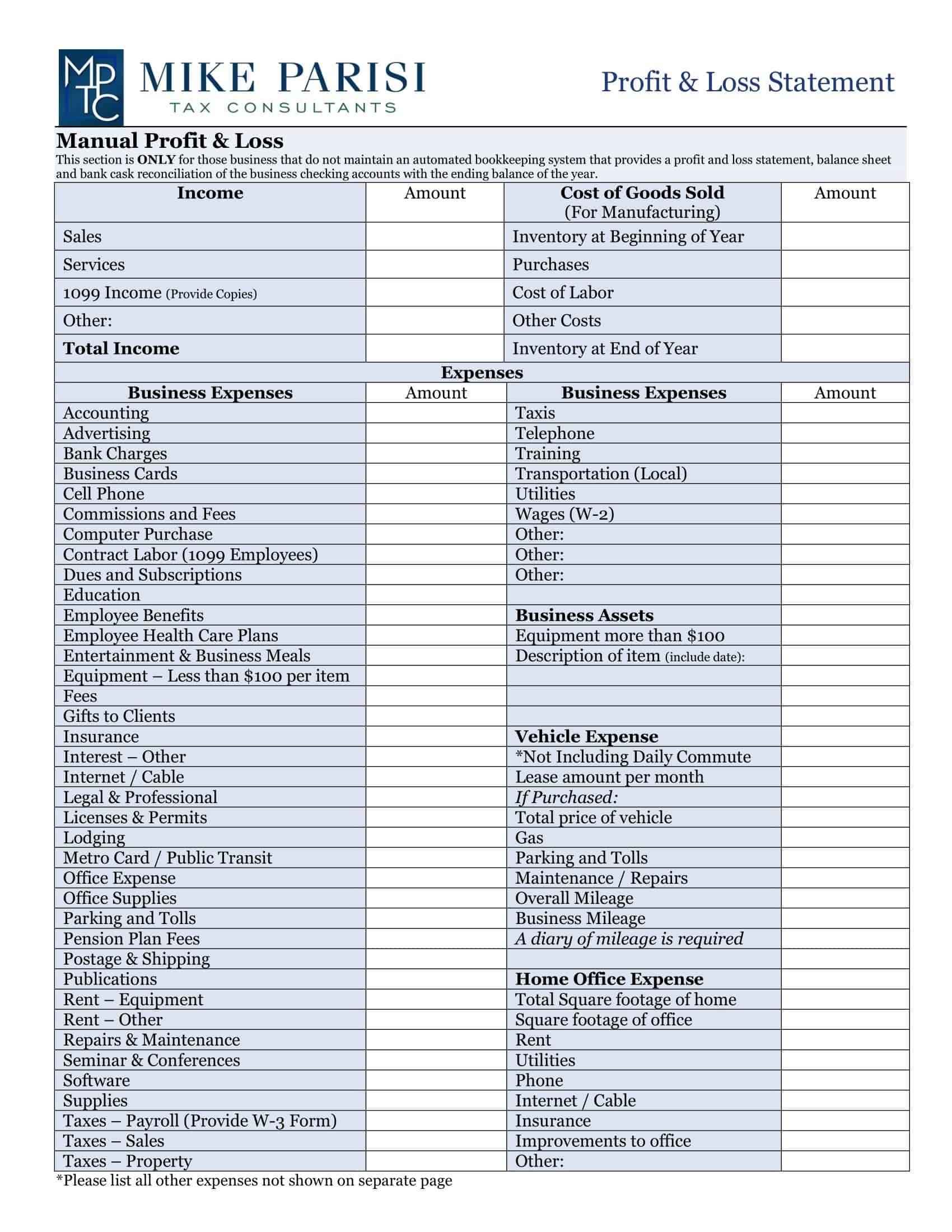 Sample Profit and Loss Statement Template Sample Profit and Loss Statement Template