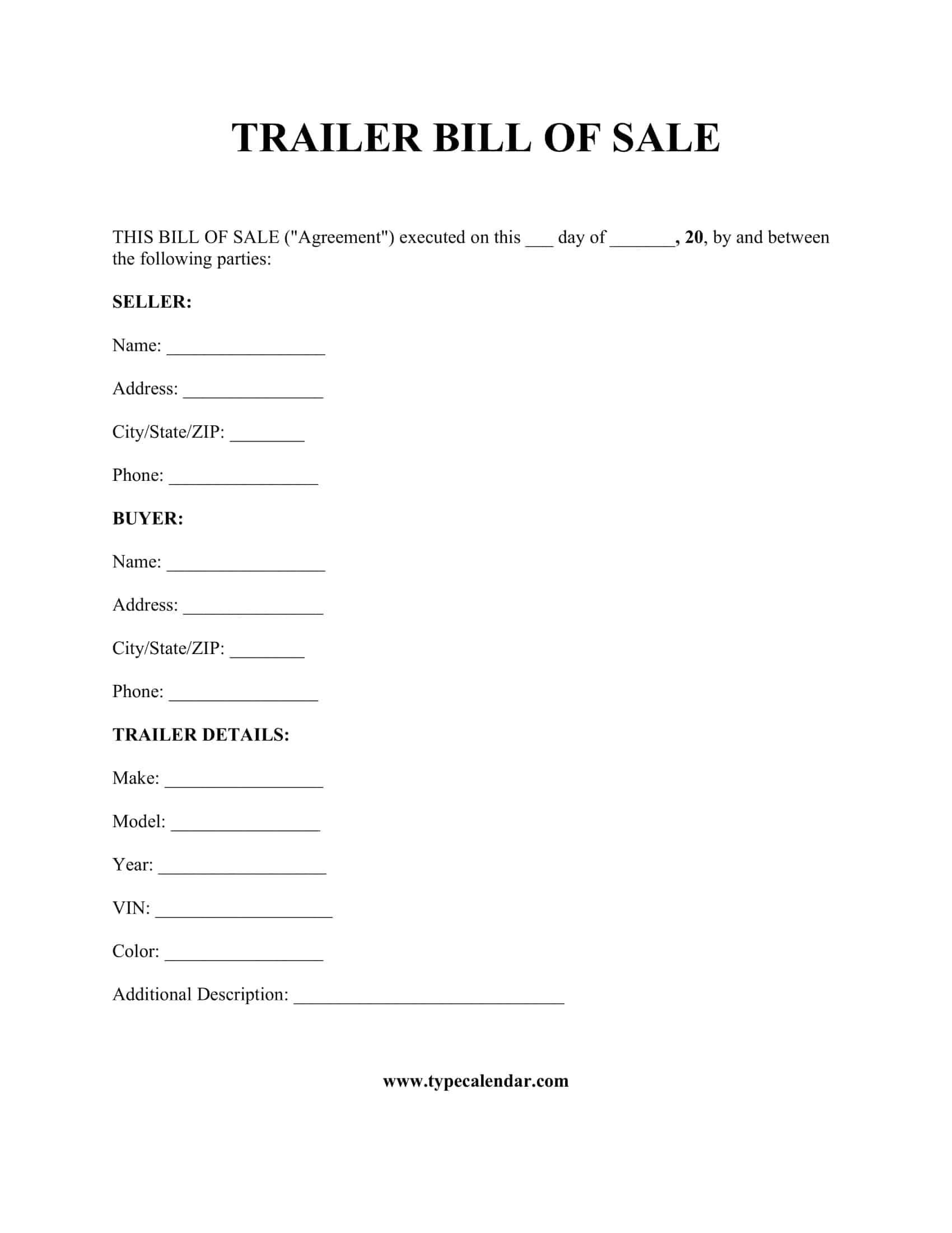 Free Printable Trailer Bill Of Sale Templates Word Excel PDF Example Free Printable Trailer Bill Of Sale Templates Word Excel PDF Example