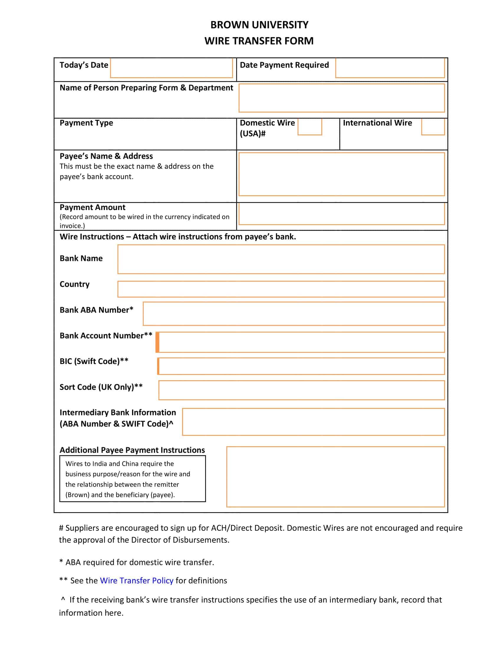 Free Printable Wire Transfer Form Templates Excel PDF 