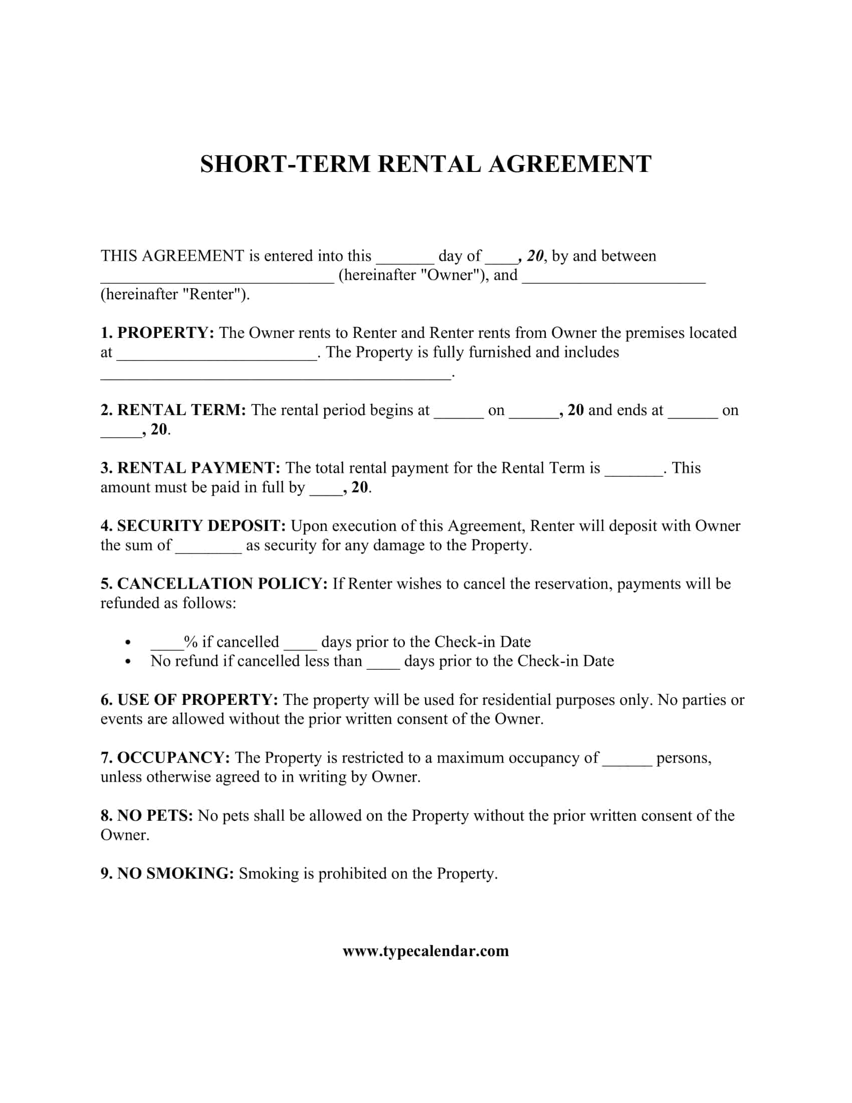 Short Term Rental Agreement Template Short Term Rental Agreement Template