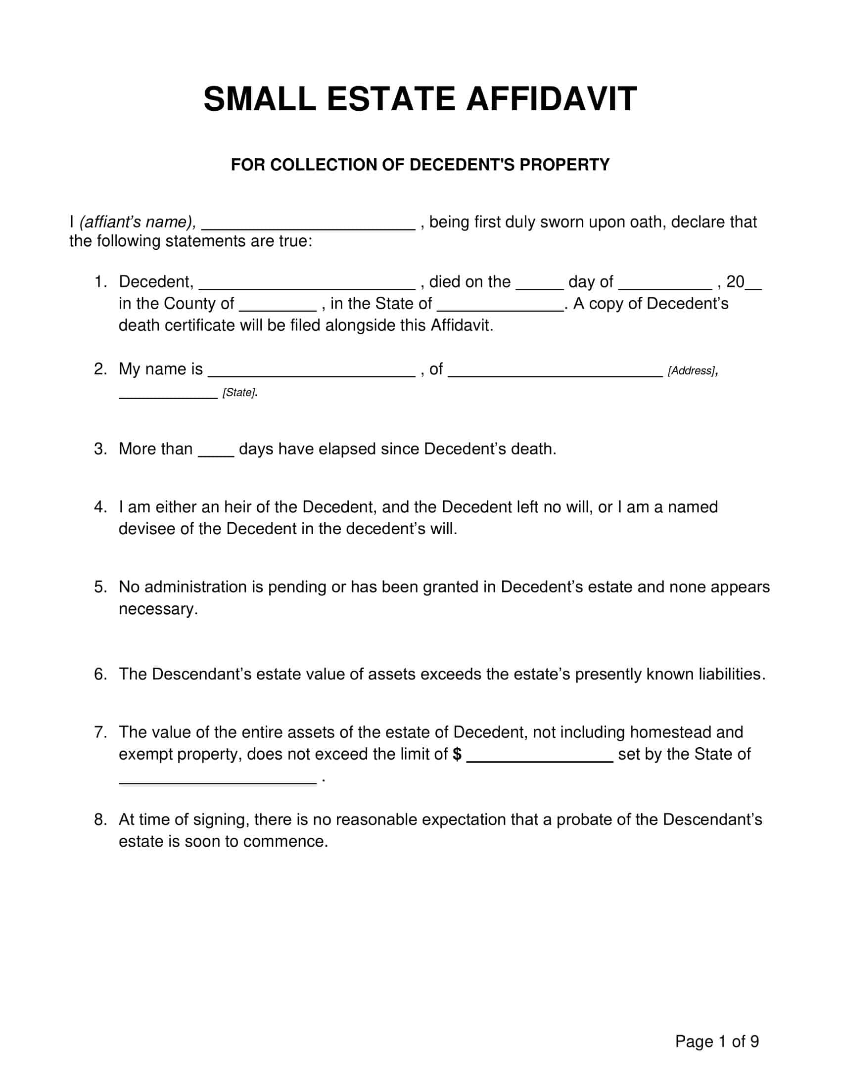 Free Printable Small Estate Affidavit Templates PDF Word Example Free Printable Small Estate Affidavit Templates PDF Word Example