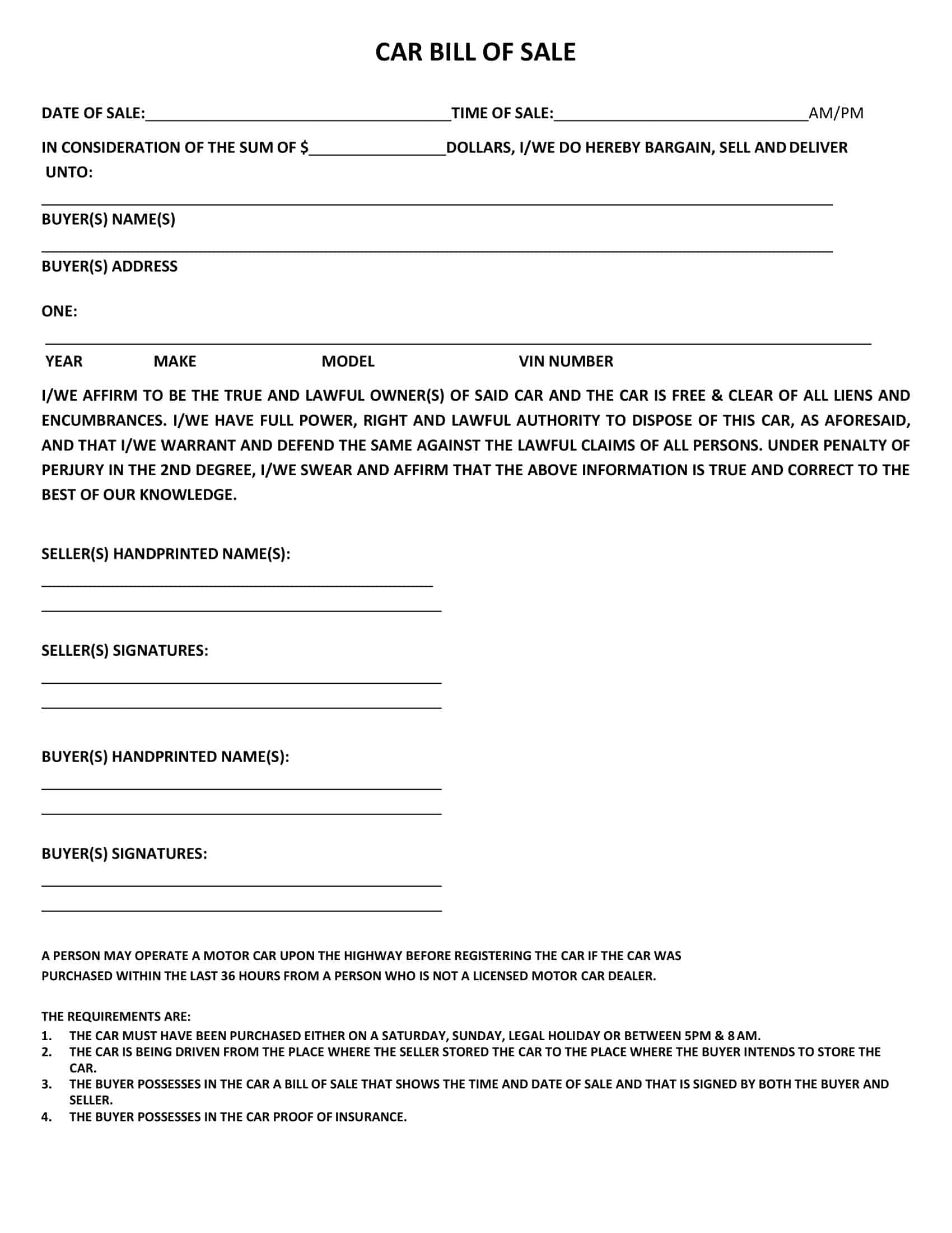 Standard Blank Bill of Sale for a Car Standard Blank Bill of Sale for a Car