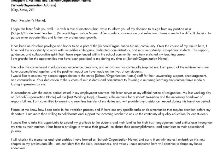 Teacher Resignation Letter