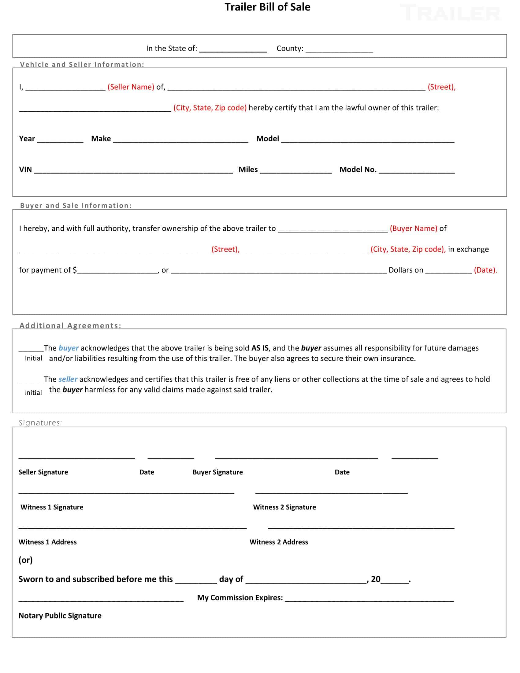 Template of Editable Bill of Sale for Trailer Template of Editable Bill of Sale for Trailer