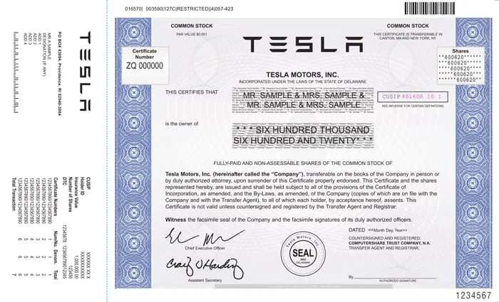 Tesla Stock Certificate Tesla Stock Certificate