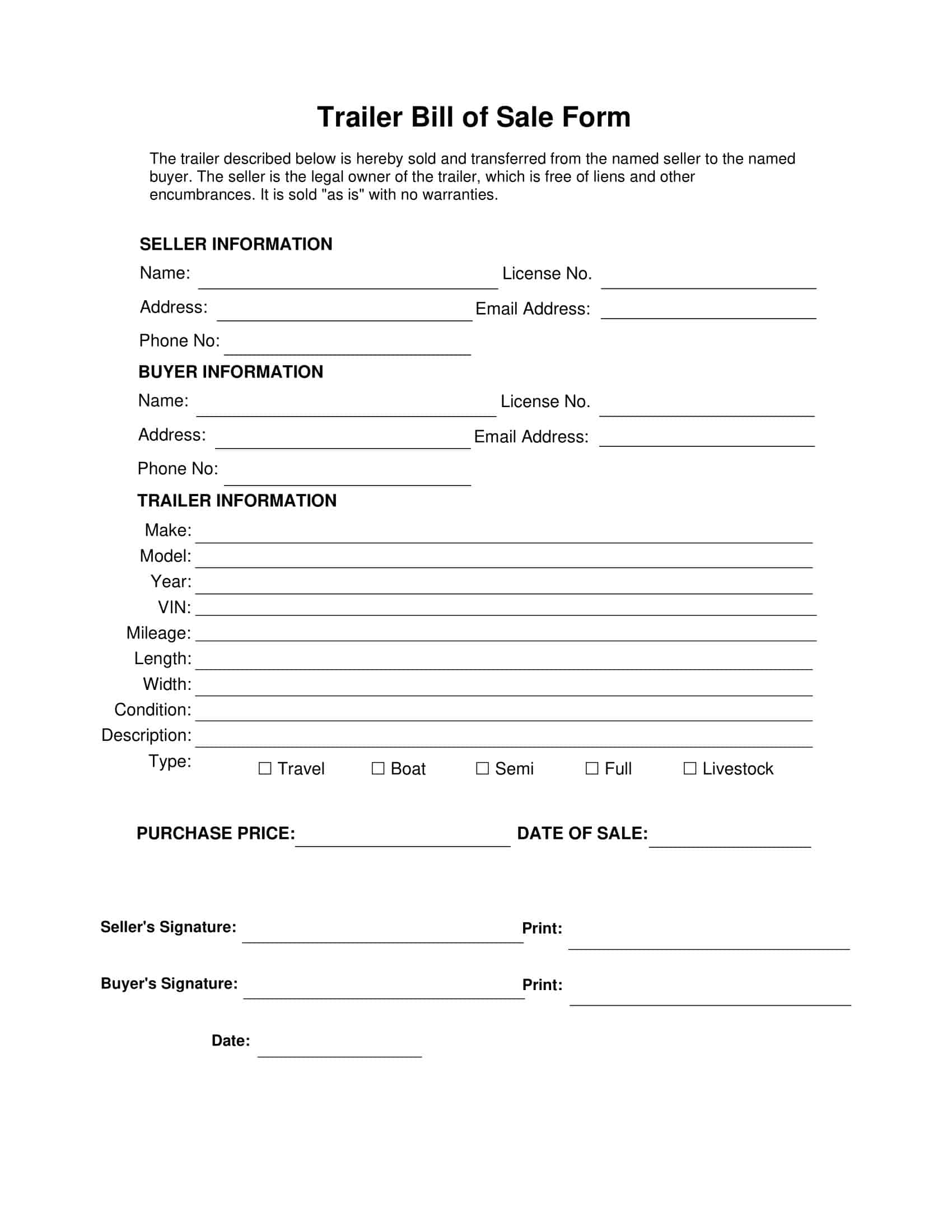 Trailer Bill of Sale Example Free Trailer Bill of Sale Example Free