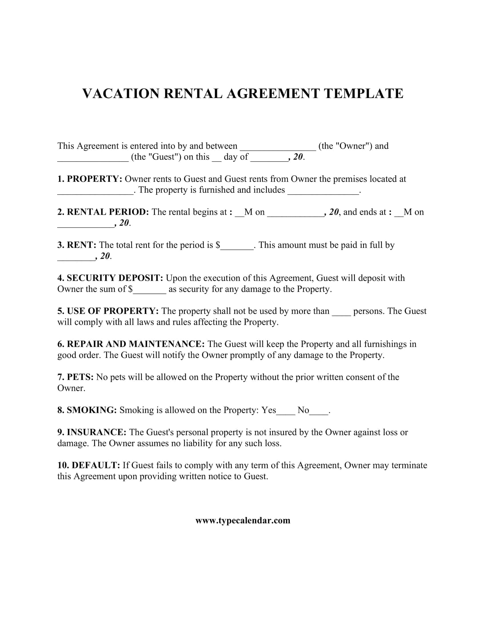 Vacation Rental Agreement Template Vacation Rental Agreement Template