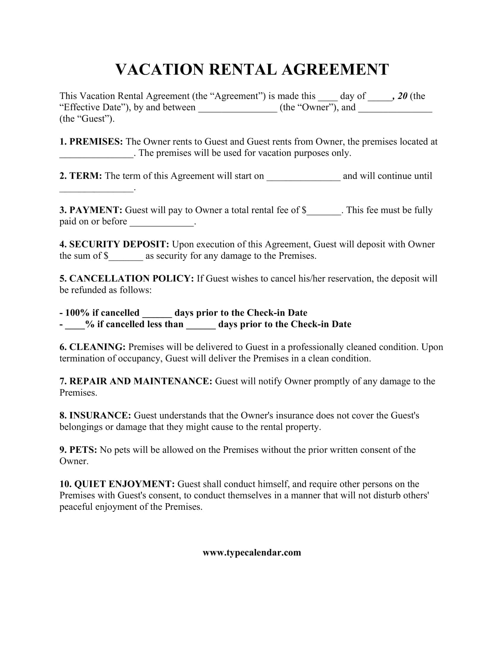 Vacation Rental Agreement Vacation Rental Agreement