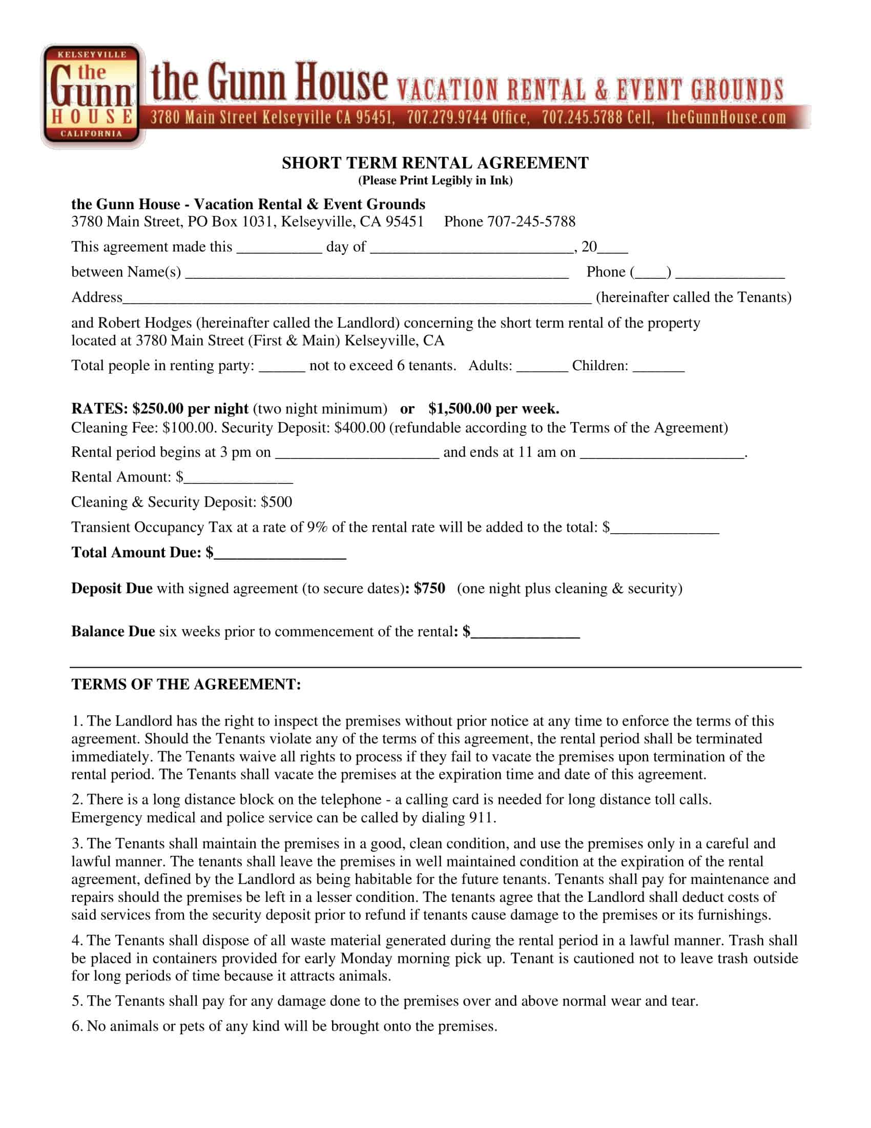 Vacation Short Term Rental Agreement Vacation Short Term Rental Agreement