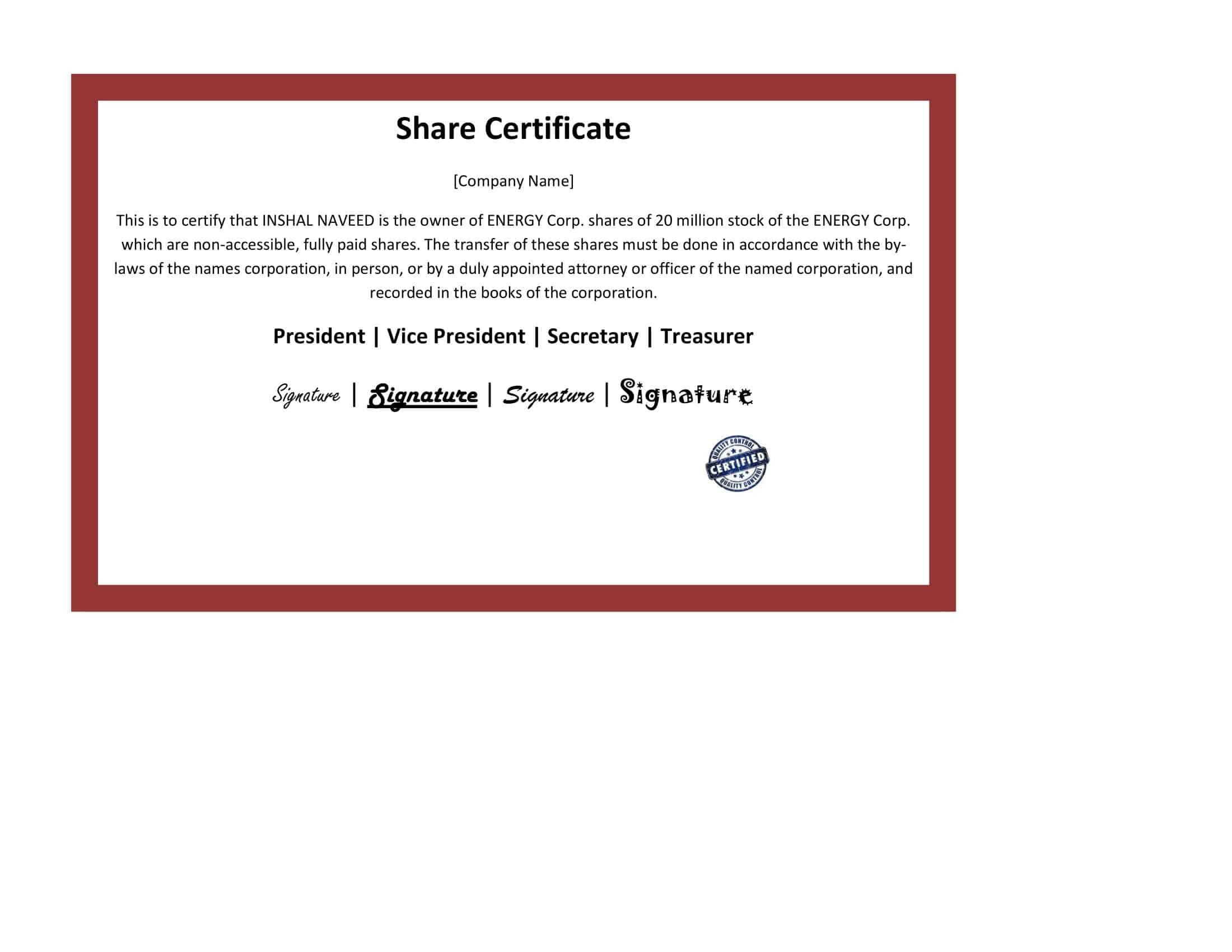 Word Template for Stock Certificate Word Template for Stock Certificate