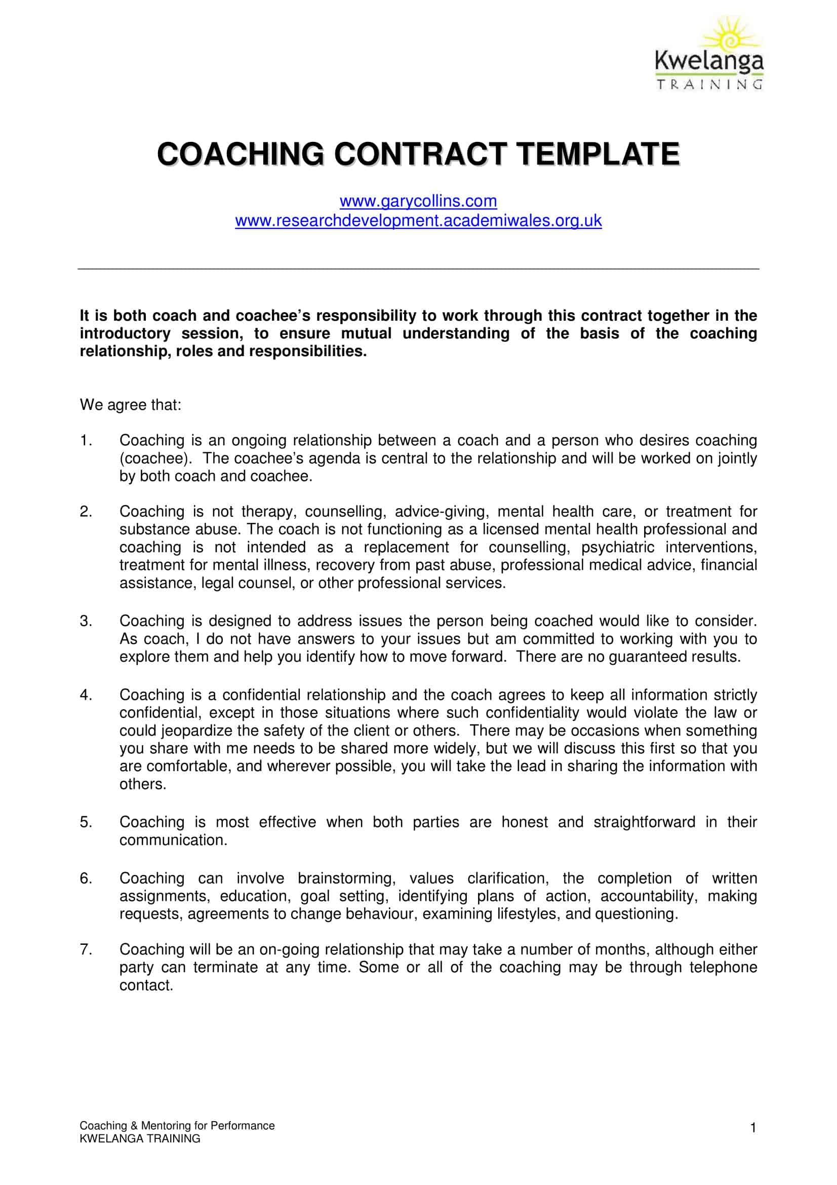 Free Printable Coaching Contract Templates Word PDF Free Printable Coaching Contract Templates Word PDF