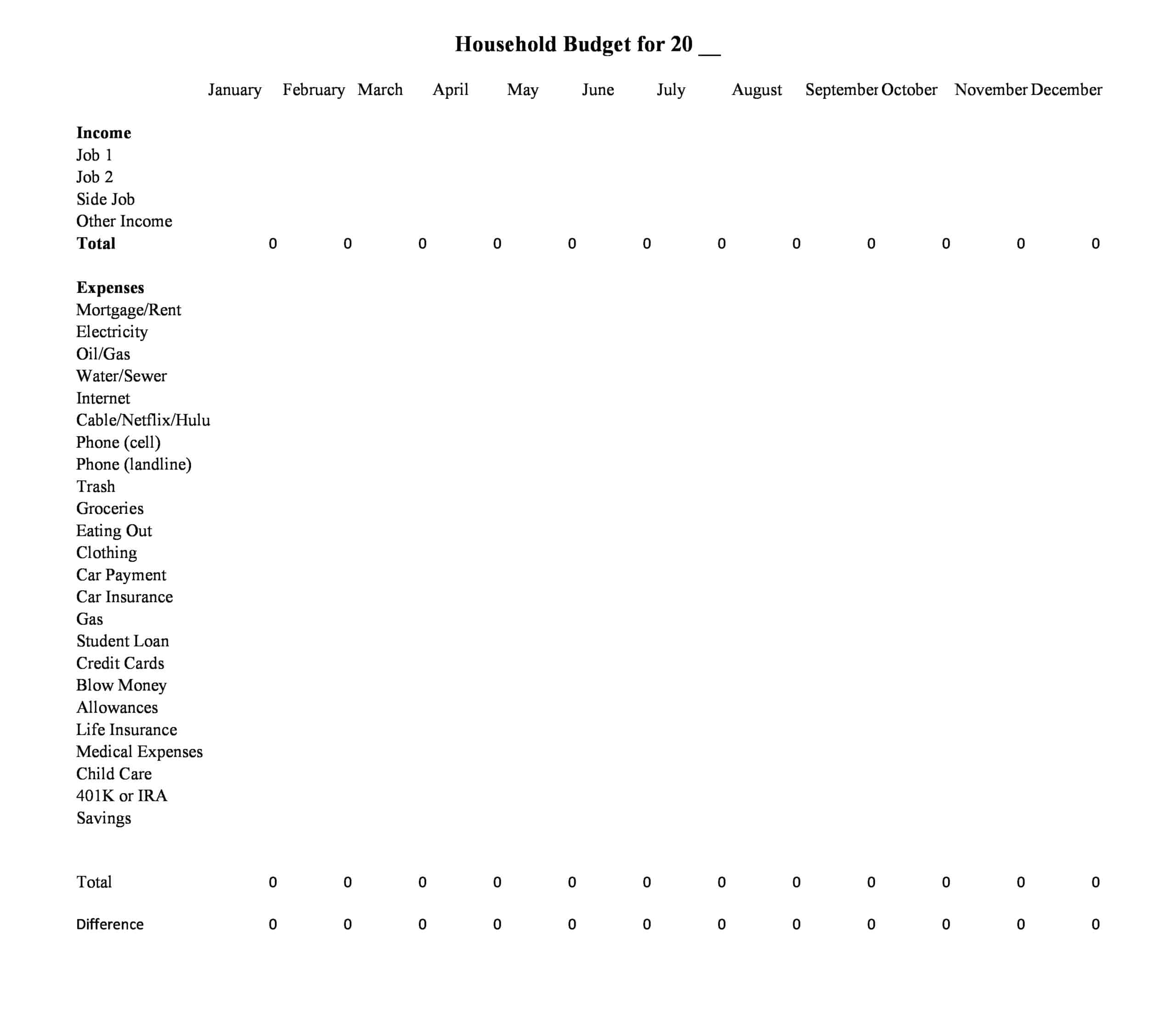 Blank Household Budget Blank Household Budget