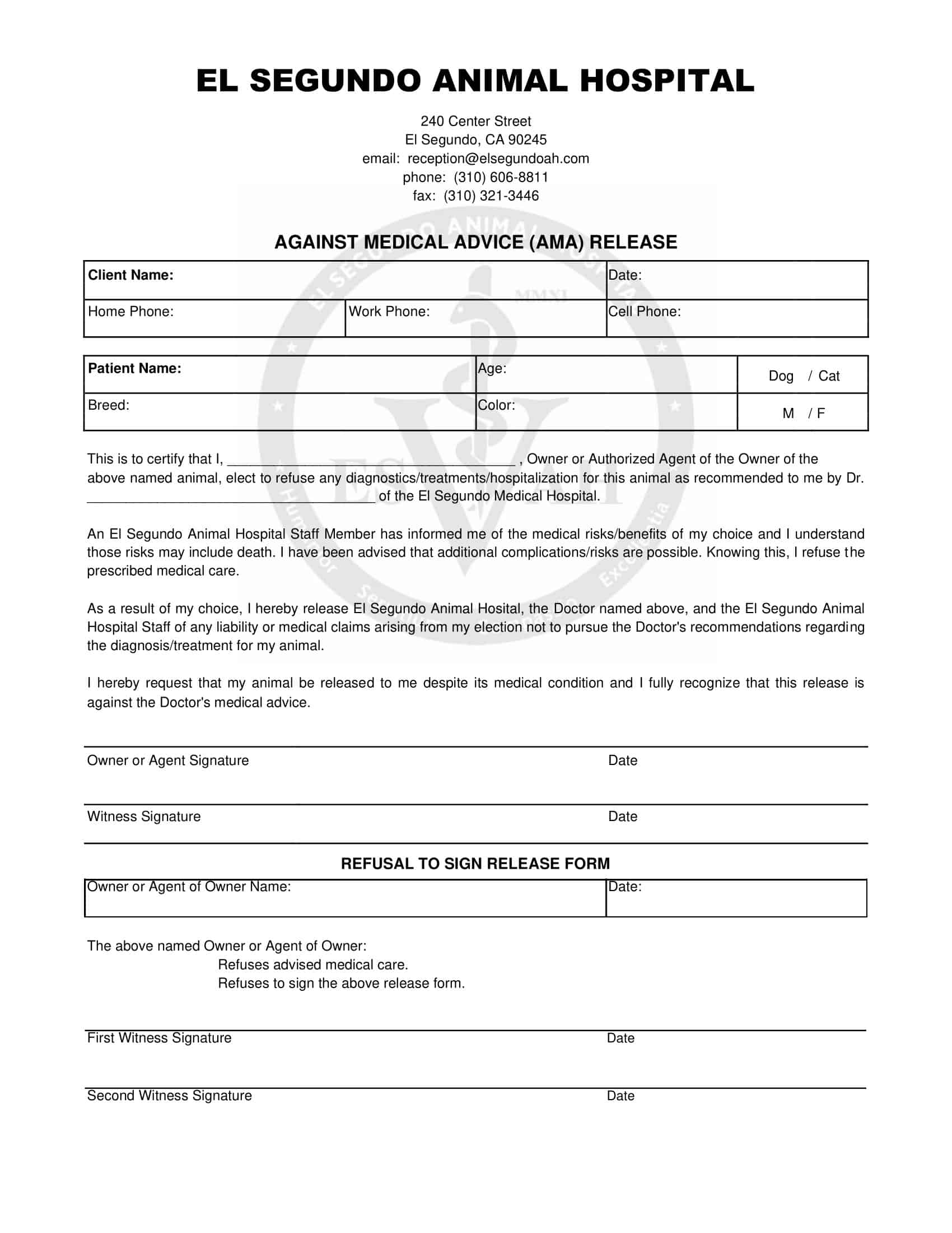 Blank PDF Against Medical Advice Form Blank PDF Against Medical Advice Form