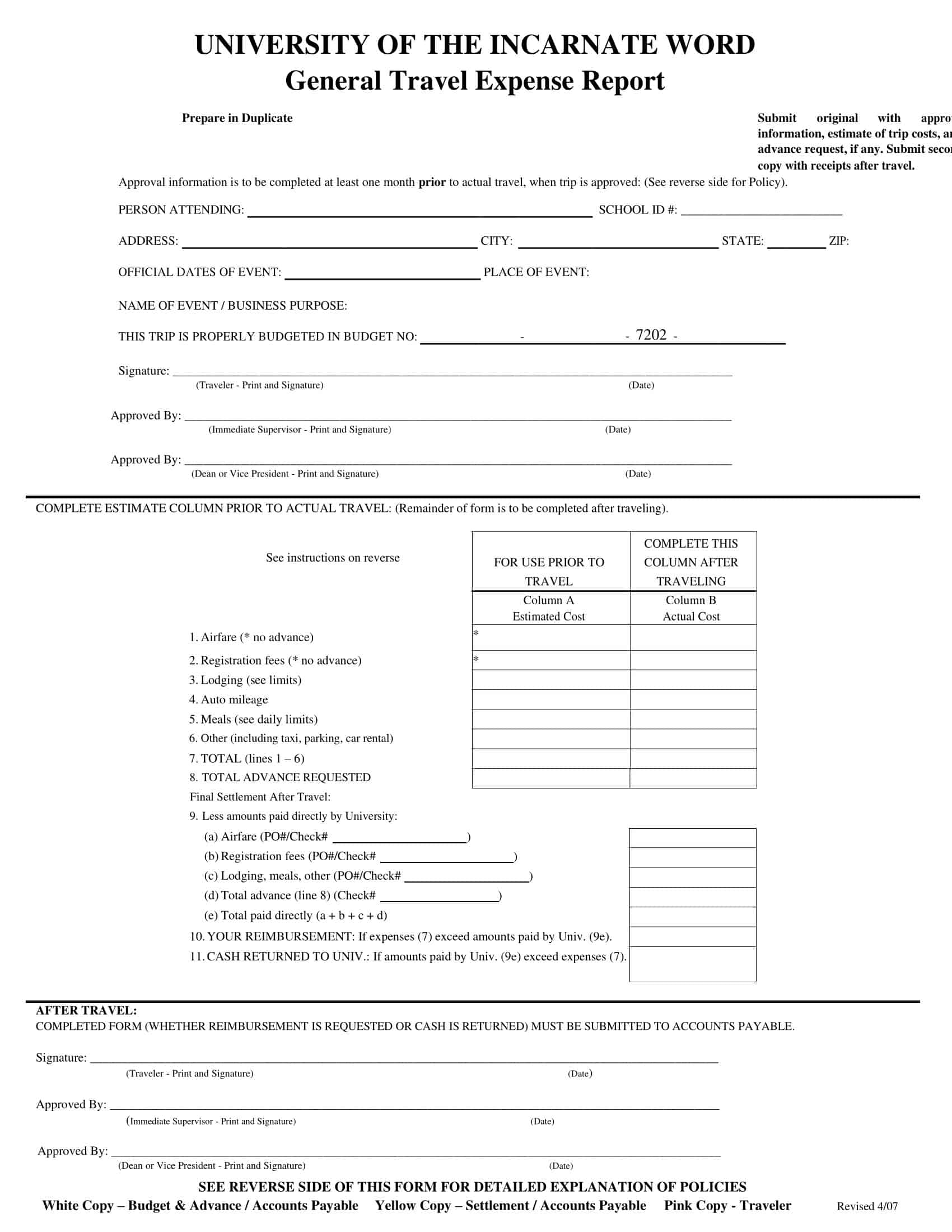 Blank Travel Expense Report Blank Travel Expense Report