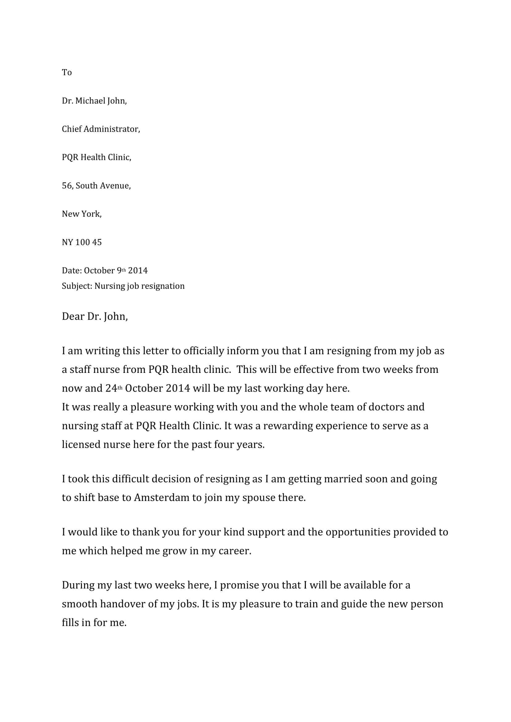 Example Nurse Resignation Letter Editable Example Nurse Resignation Letter Editable