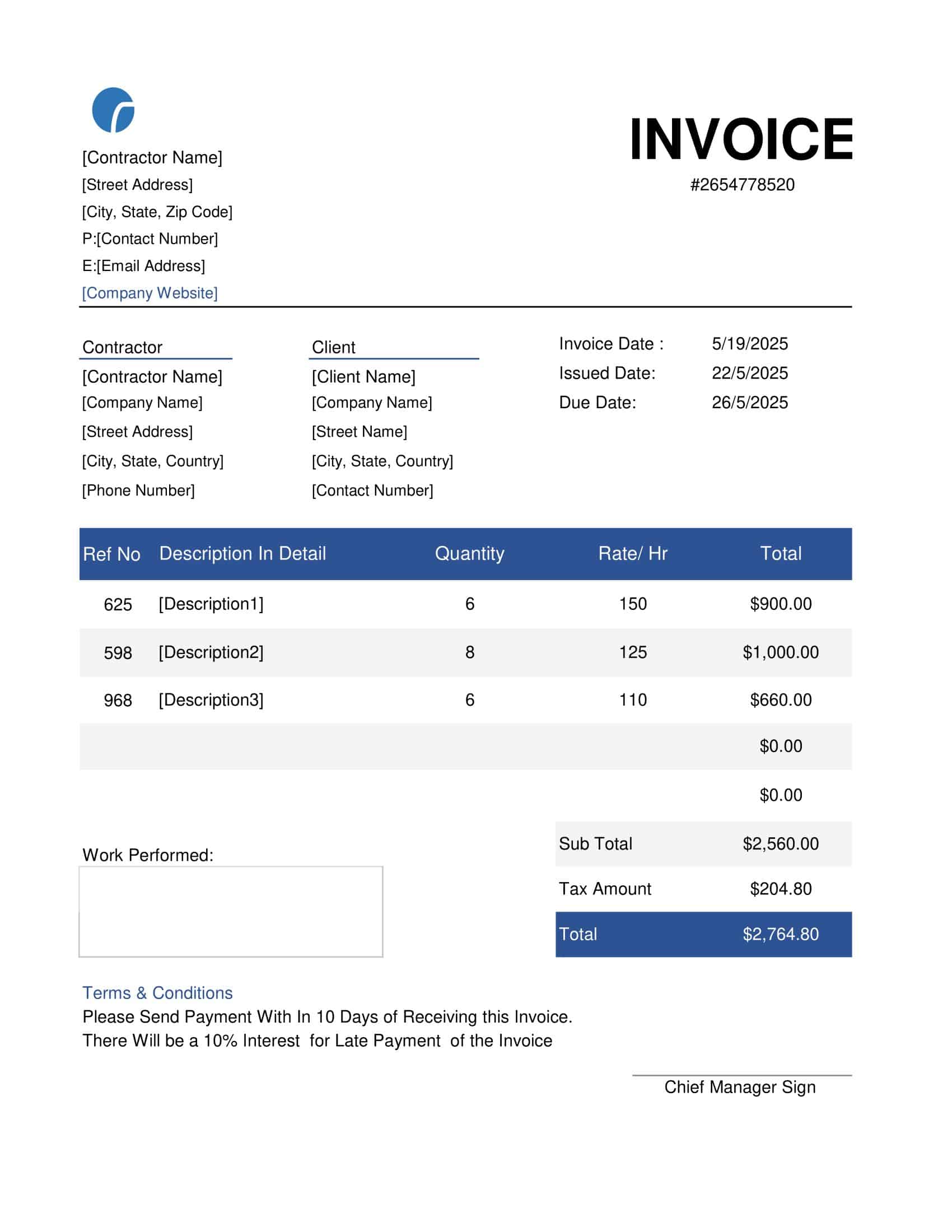 Excel Contractor Invoice Excel Contractor Invoice