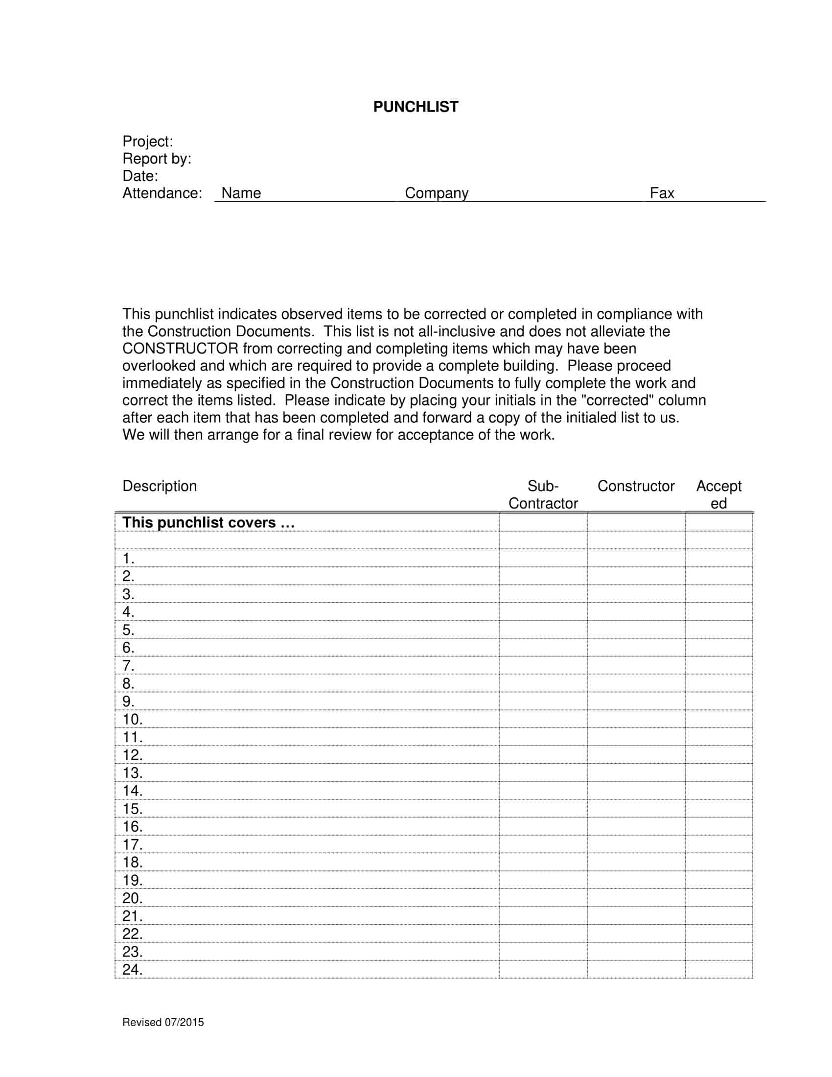 Free Printable Punch List Templates [PDF, Word, Excel]