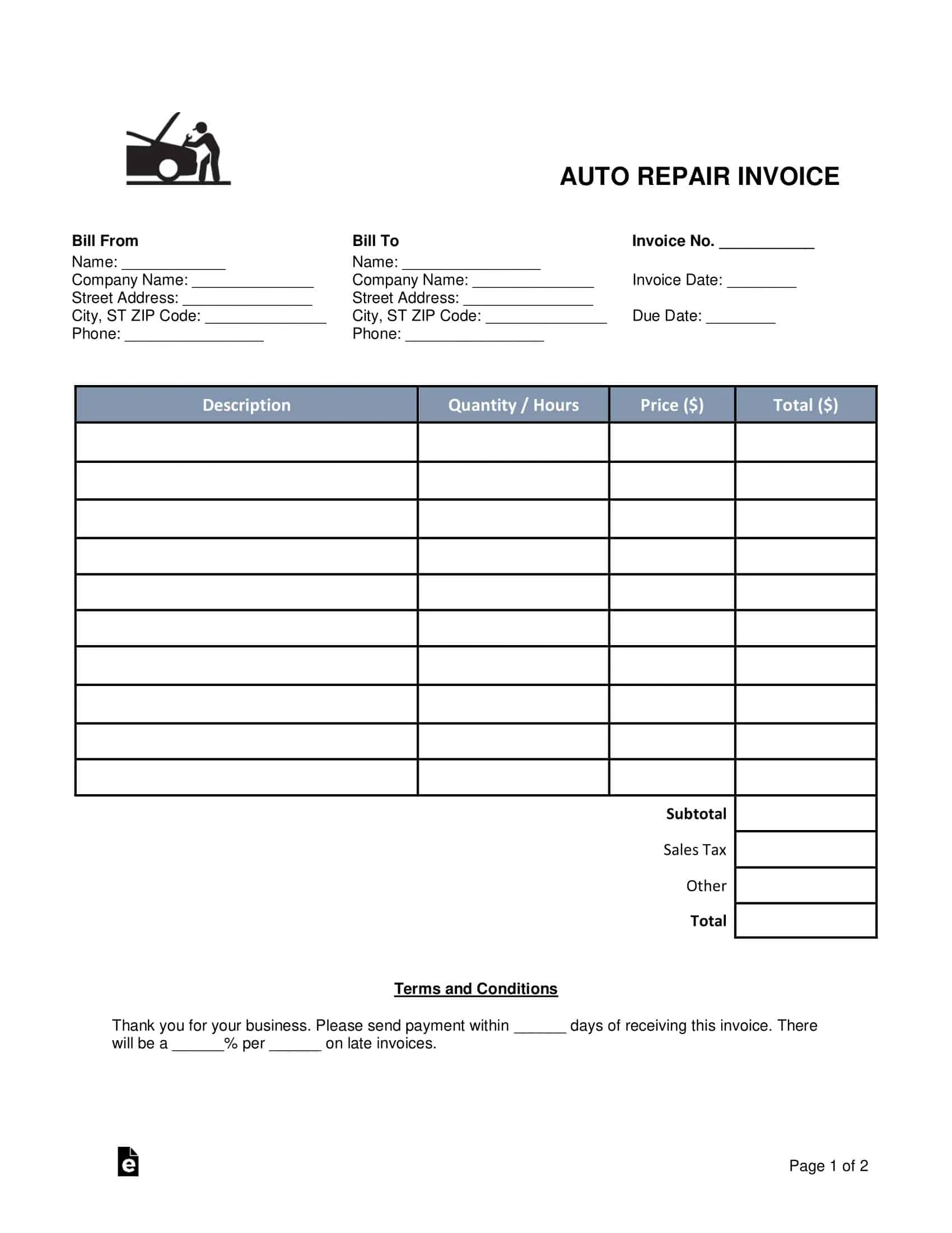 Fillable Format Auto Repair Invoice Fillable Format Auto Repair Invoice