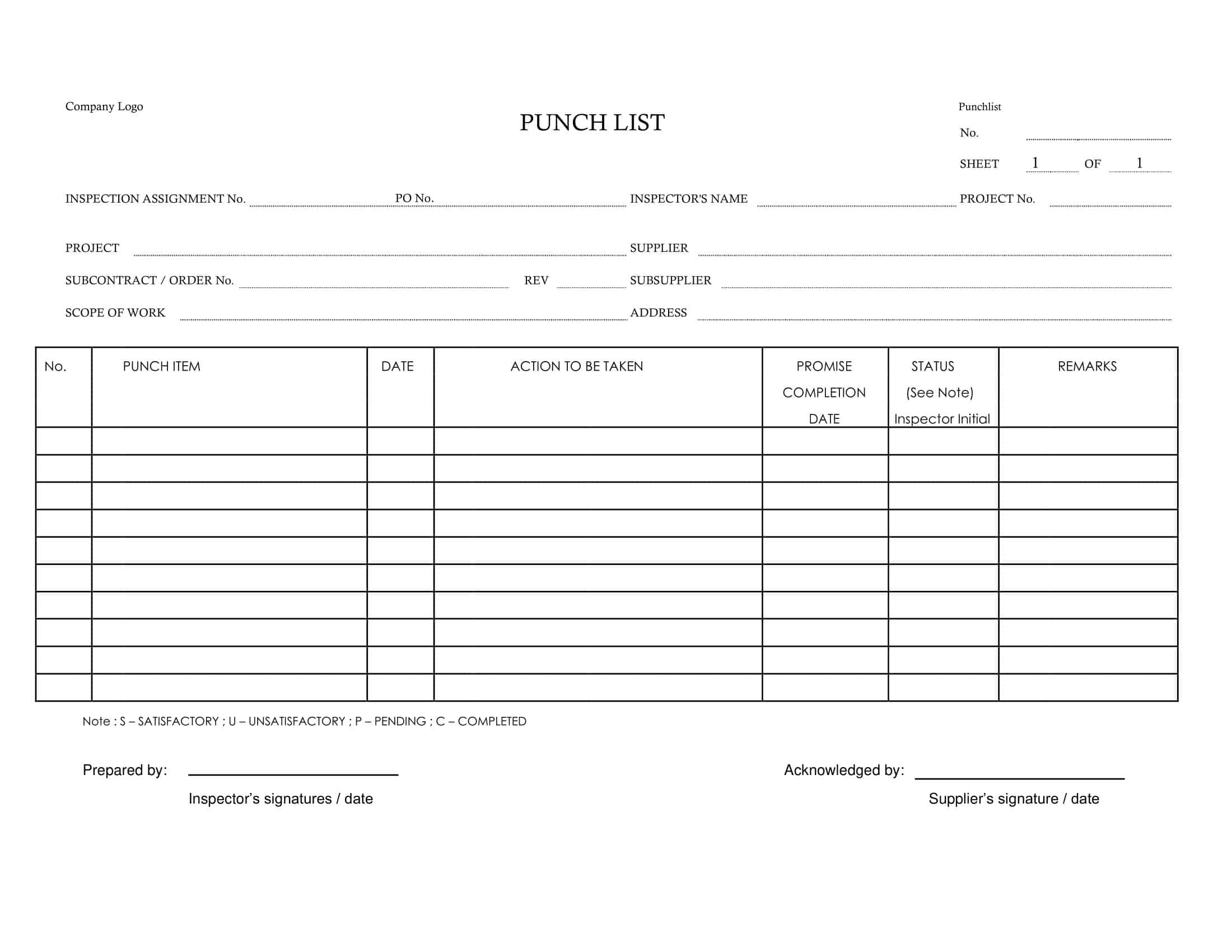 Free Printable Punch List Templates [PDF, Word, Excel]