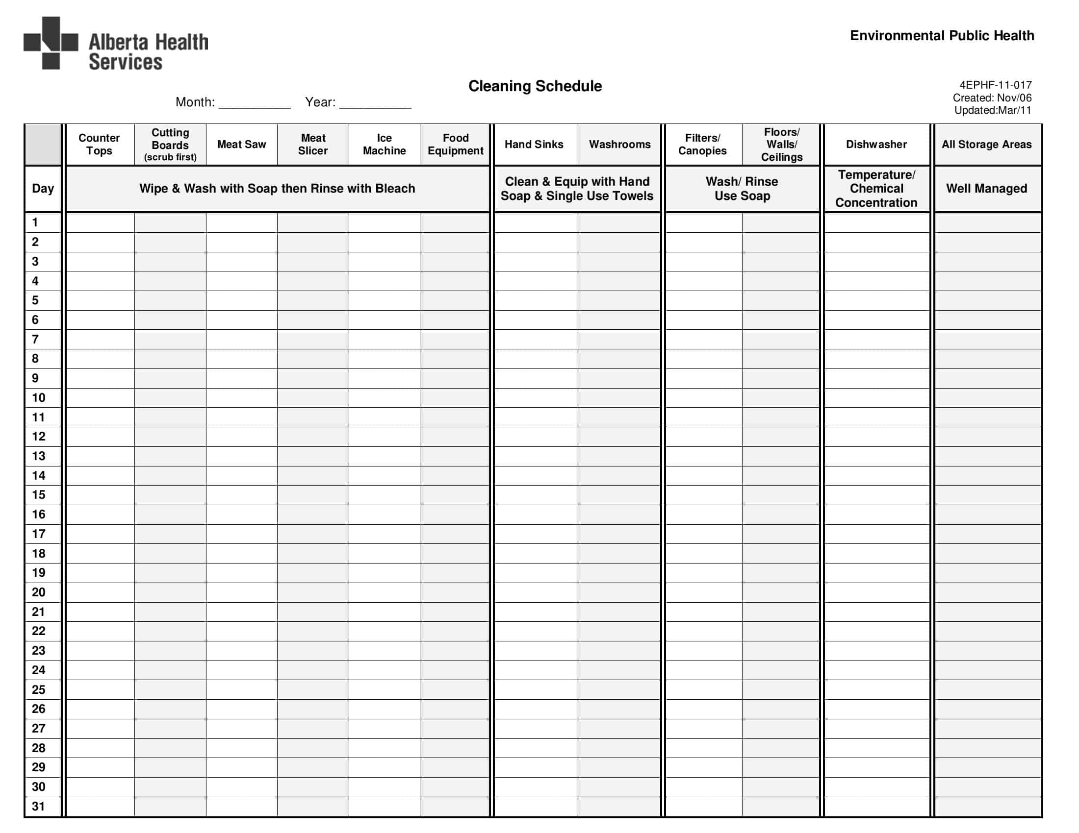 Blank Cleaning Schedule Printable